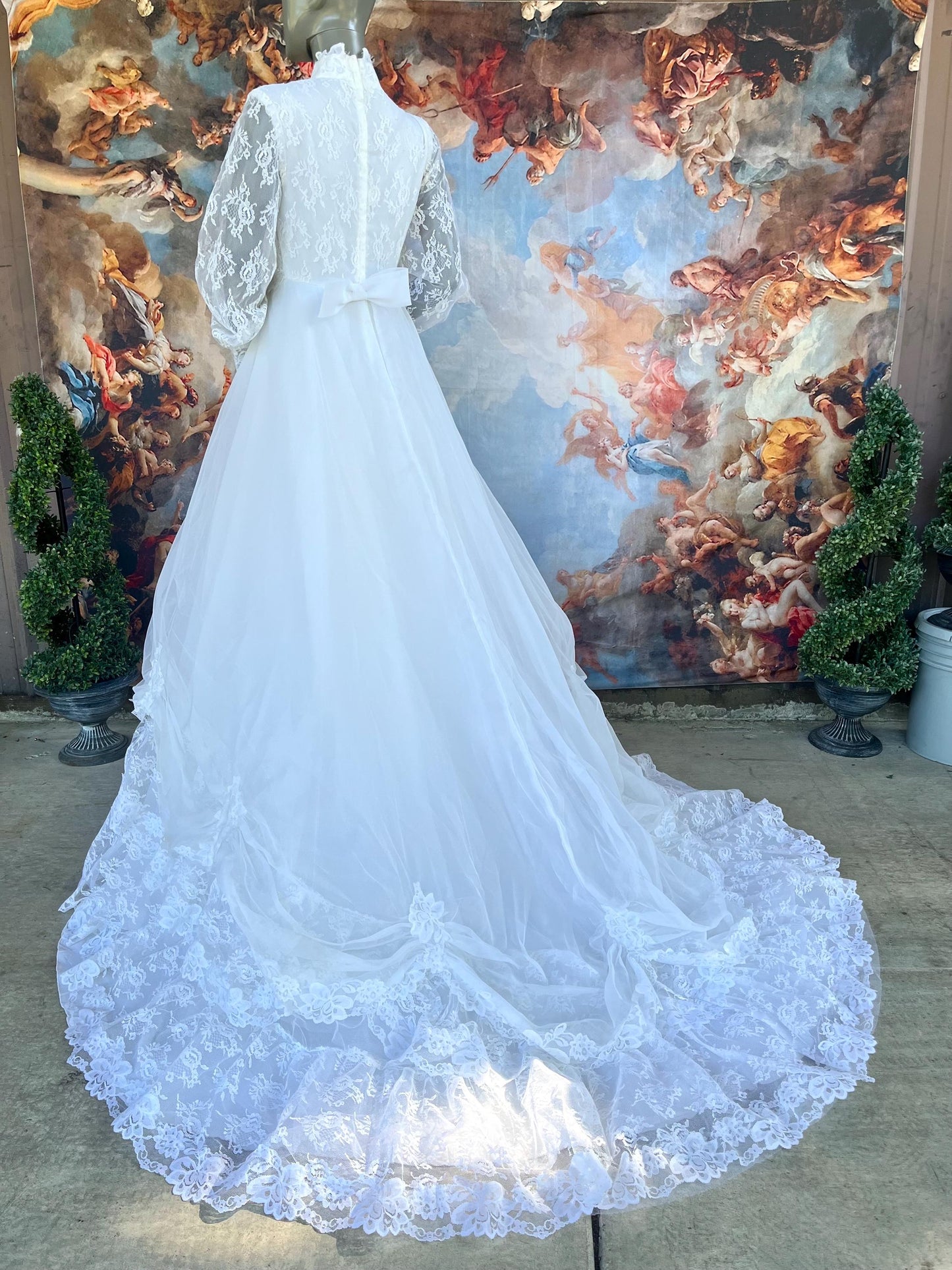 Vintage Wedding Gown With Queen Anne High Neckline, Pearls & Lace