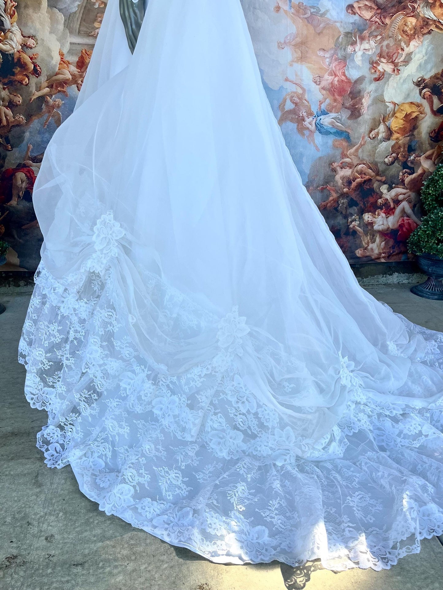 Vintage Wedding Gown With Queen Anne High Neckline, Pearls & Lace