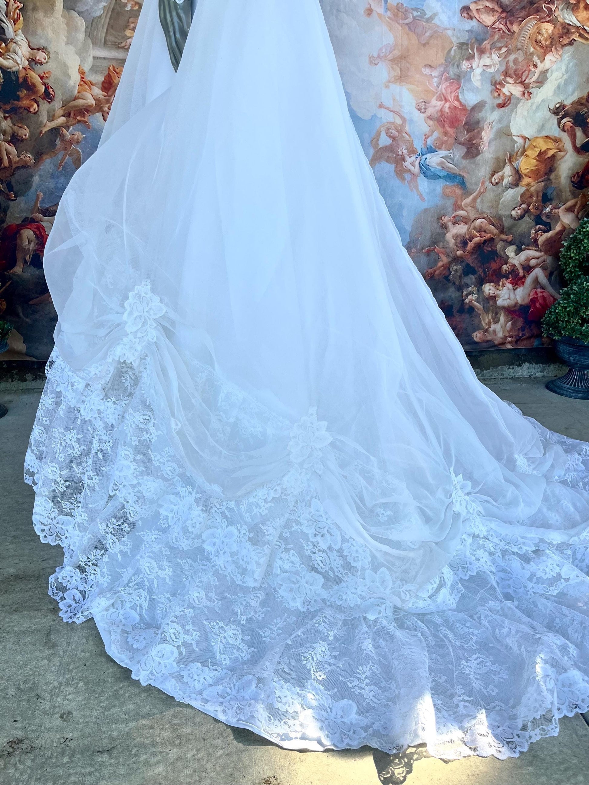 Vintage Wedding Gown With Queen Anne High Neckline, Pearls & Lace