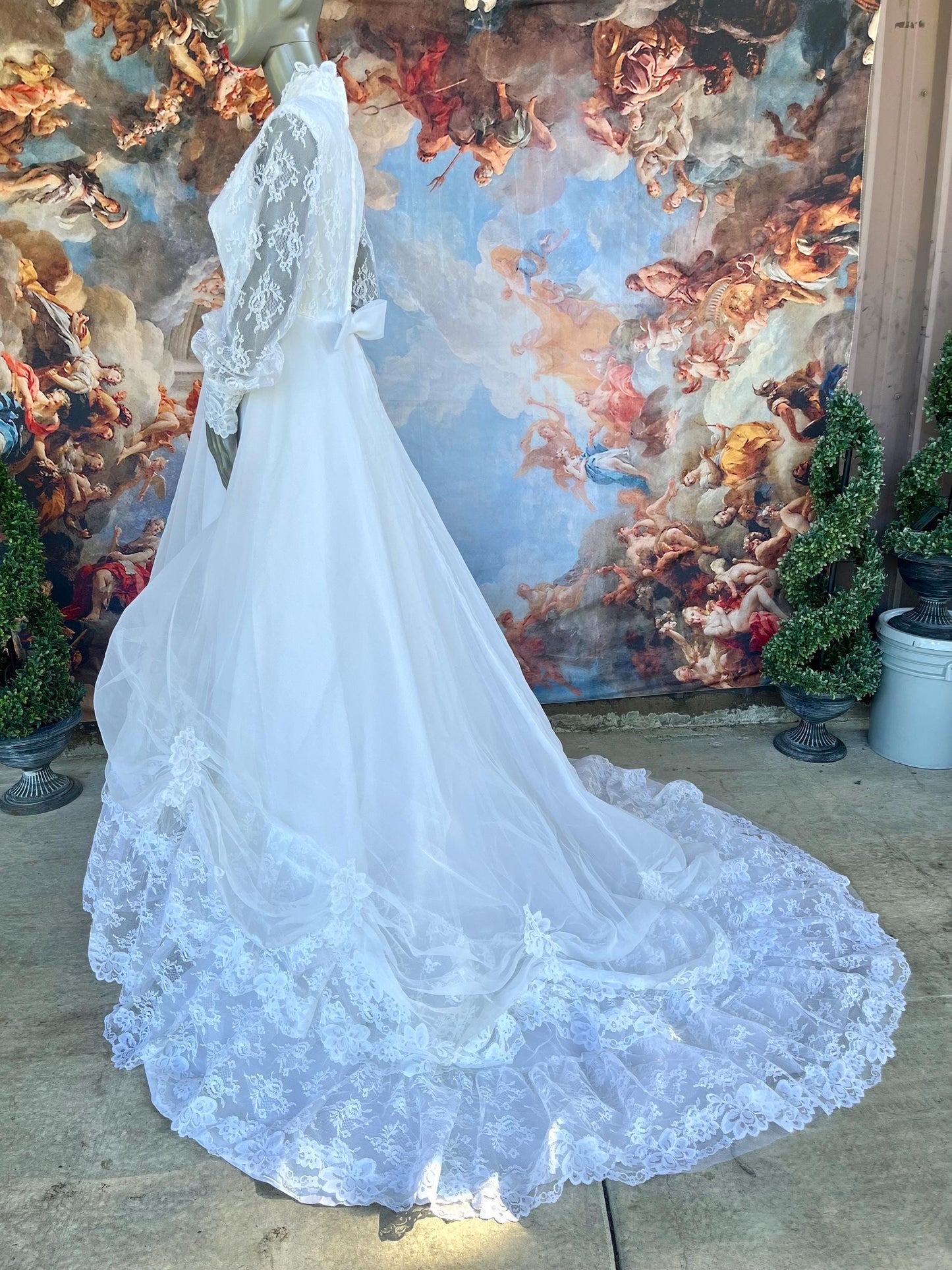 Vintage Wedding Gown With Queen Anne High Neckline, Pearls & Lace