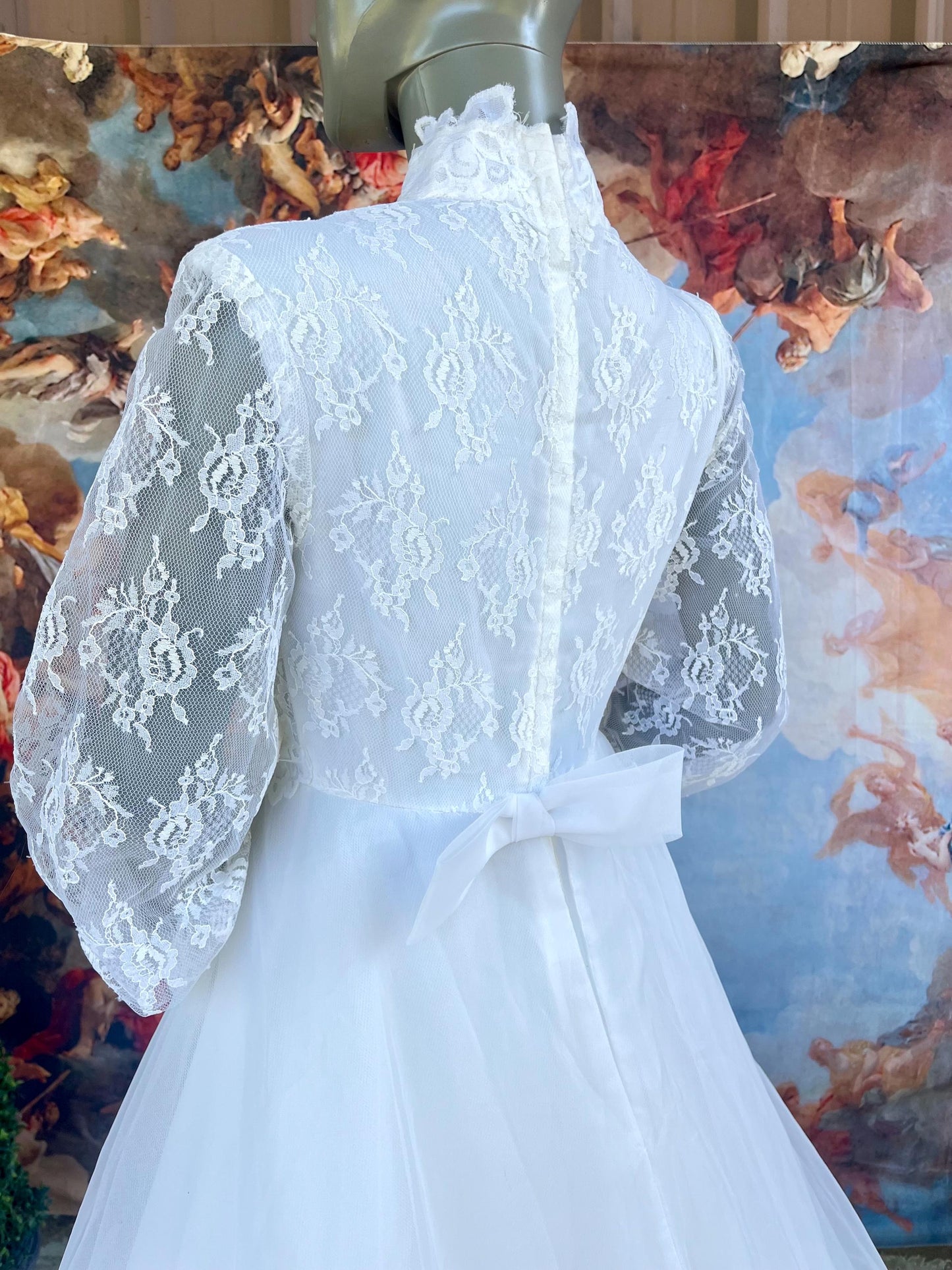 Vintage Wedding Gown With Queen Anne High Neckline, Pearls & Lace