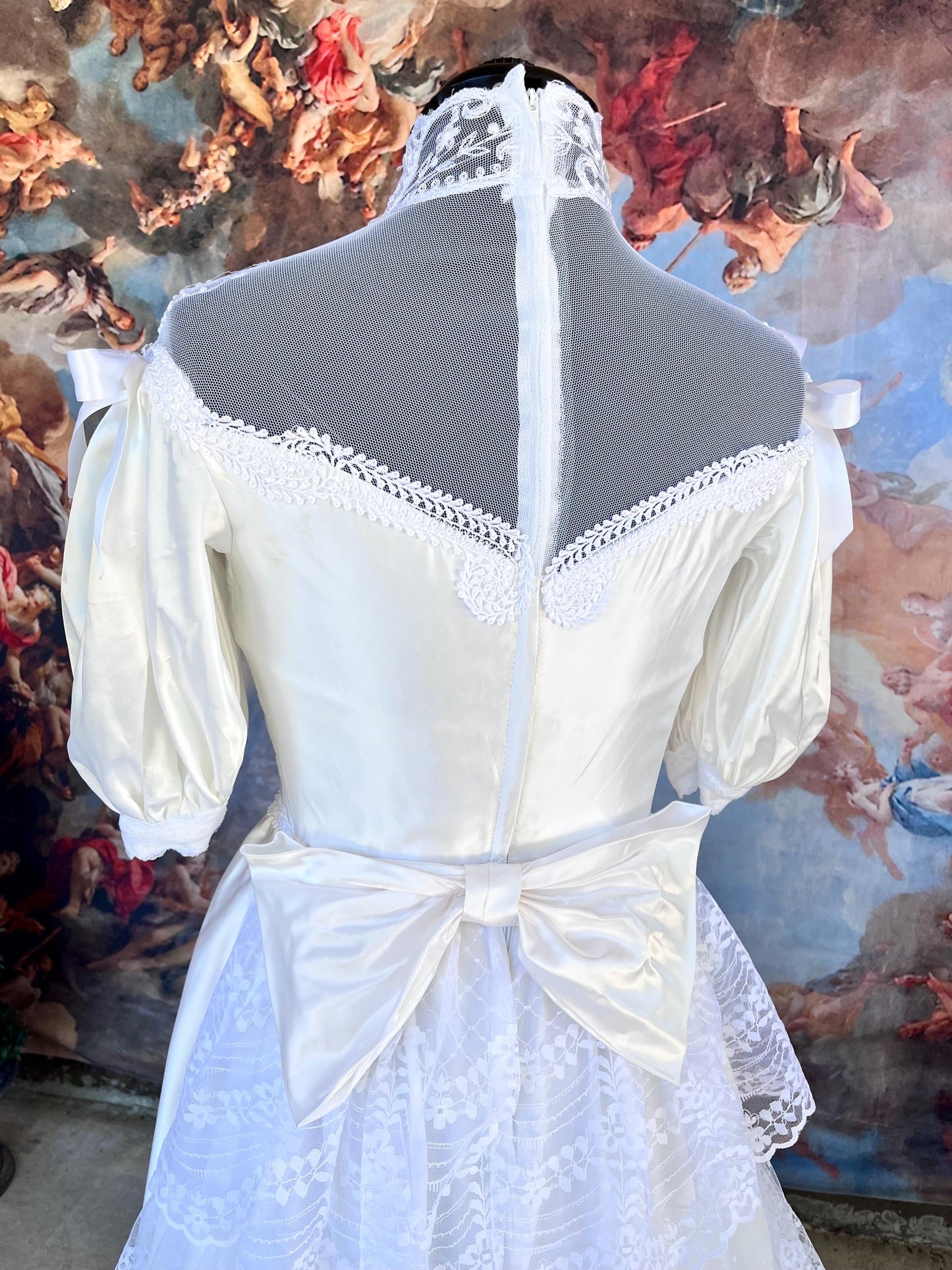 Vintage 1980s Lace & Satin Puff Sleeve Wedding Dress | Victorian High Neck | Tiered Ruffle Train