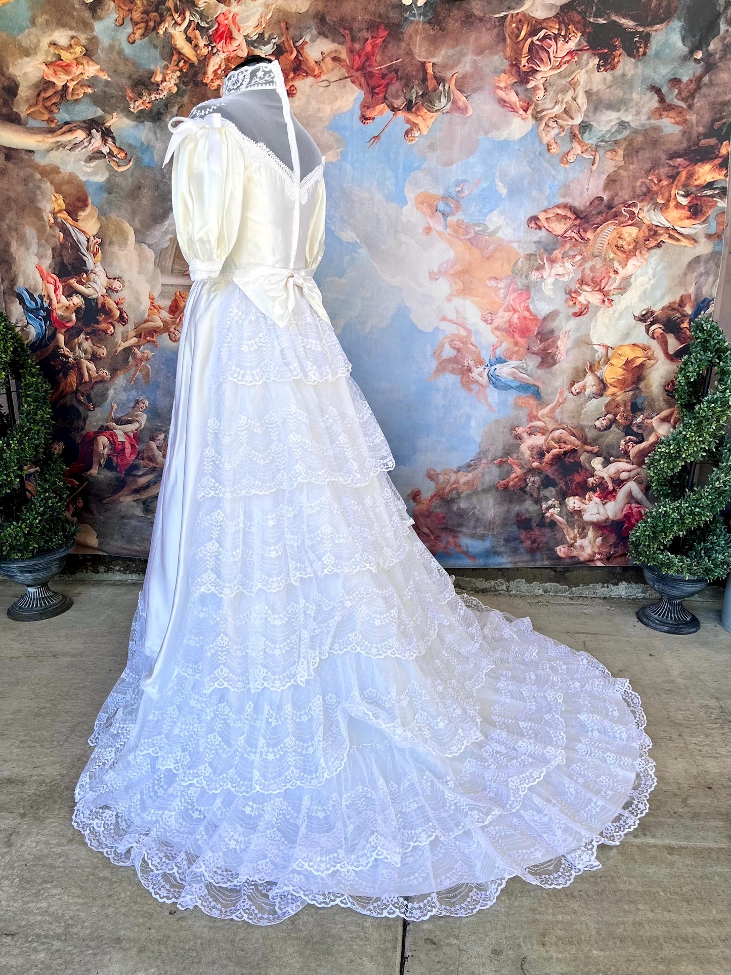 Vintage 1980s Lace & Satin Puff Sleeve Wedding Dress | Victorian High Neck | Tiered Ruffle Train