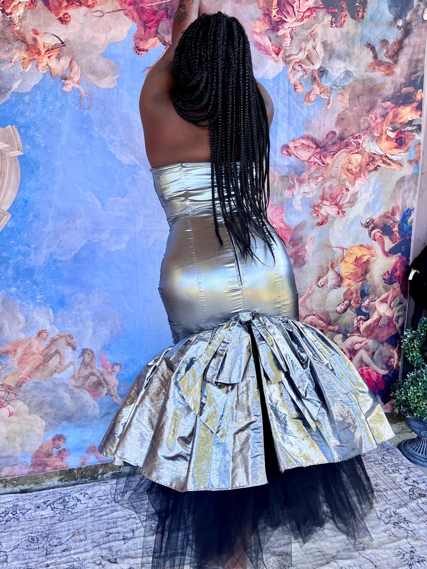 Lunar Siren Metallic Strapless Dress with Black Tulle Back Detail