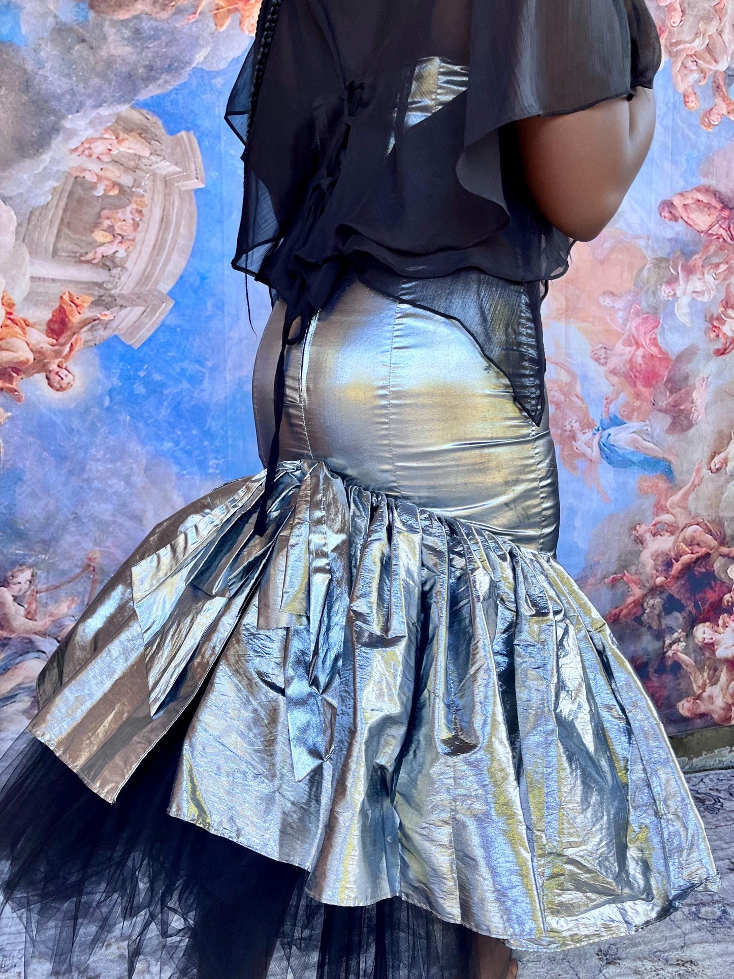 Lunar Siren Metallic Strapless Dress with Black Tulle Back Detail