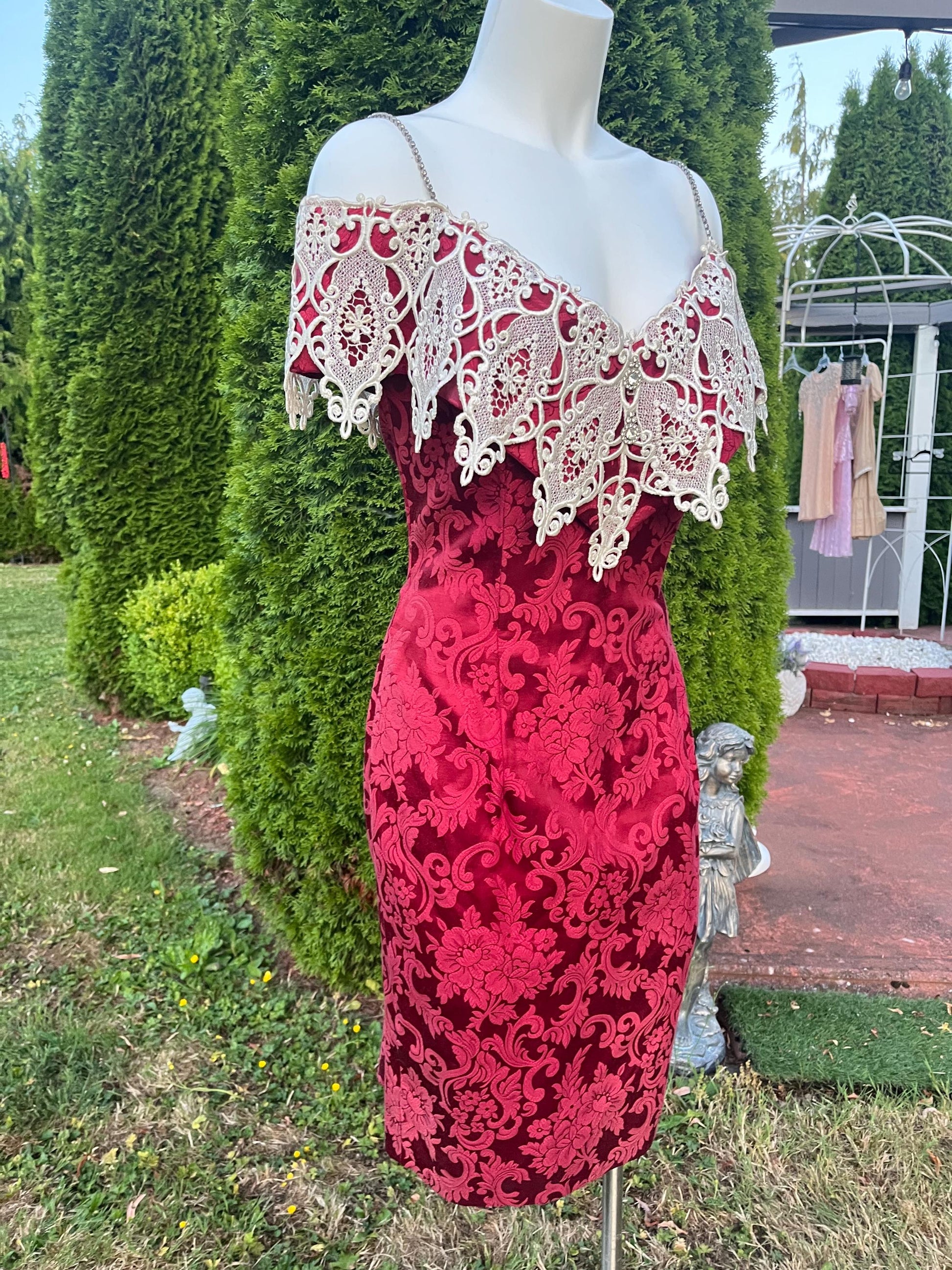 Vintage Scott McClintock Burgundy Brocade Dress with Dramatic Lace Capelet