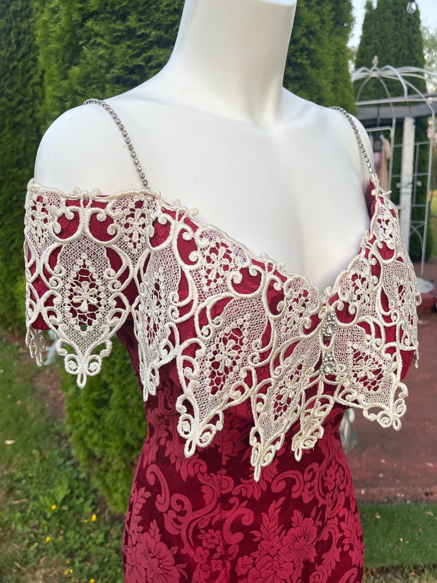 Vintage Scott McClintock Burgundy Brocade Dress with Dramatic Lace Capelet