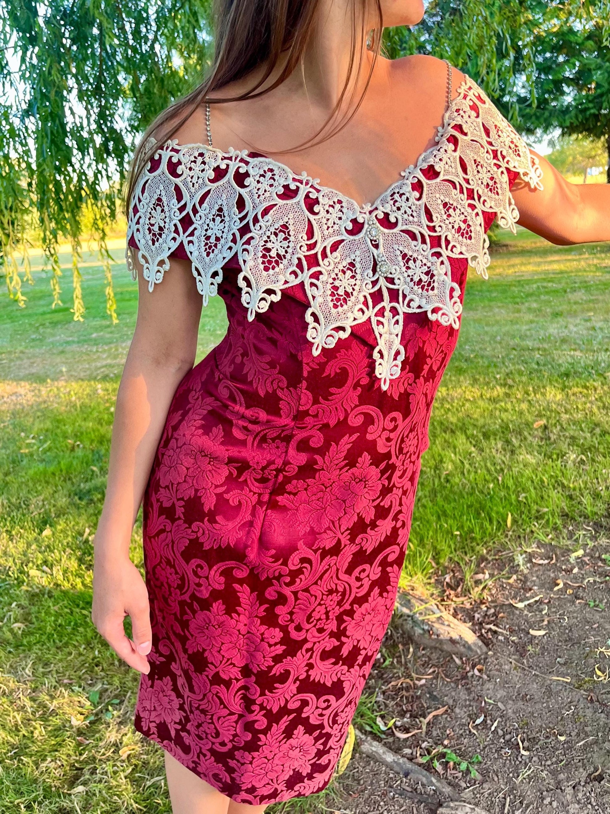 Vintage Scott McClintock Burgundy Brocade Dress with Dramatic Lace Capelet
