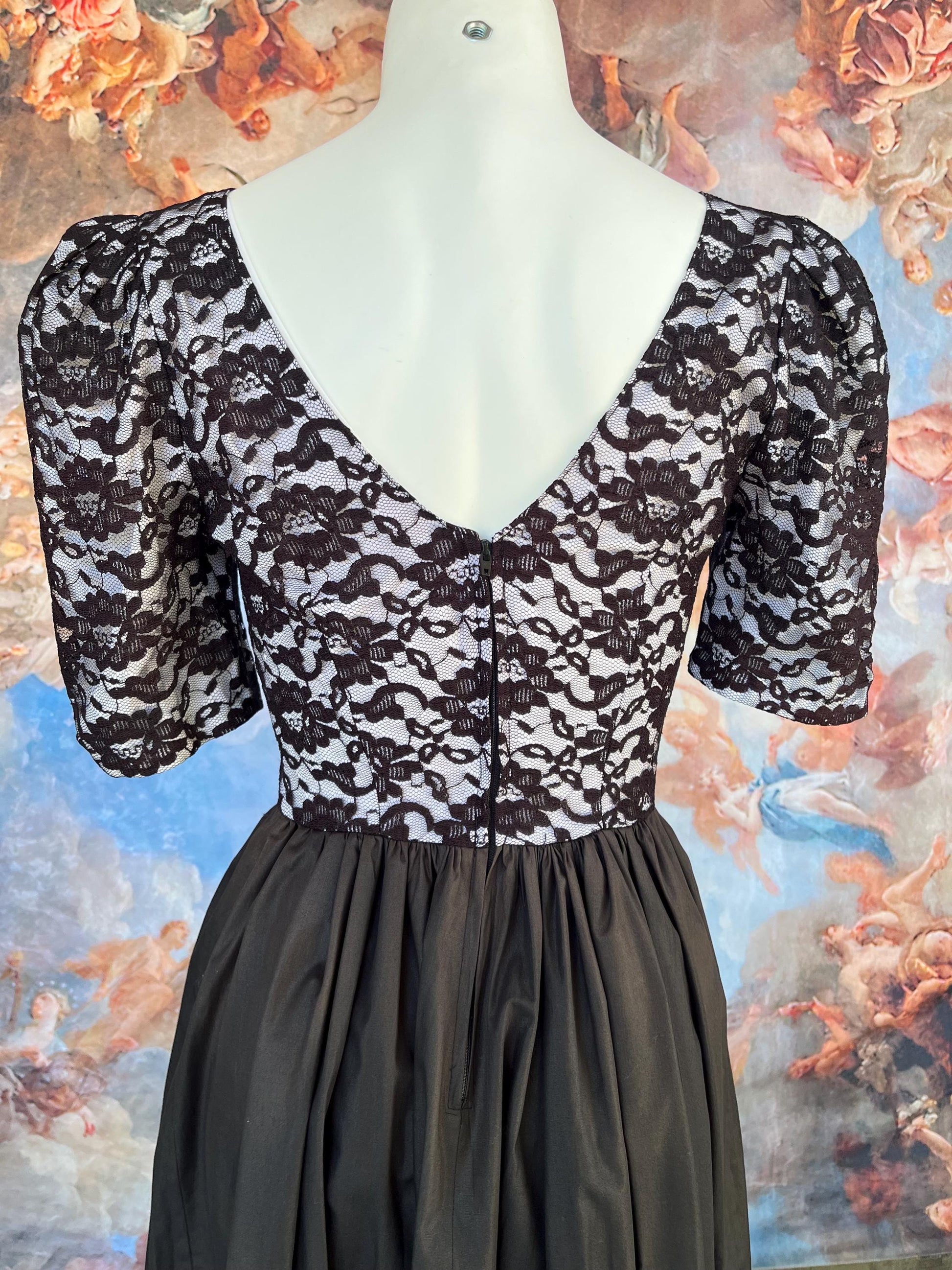 Gothic Vintage Black Lace Puff-Sleeved Dress