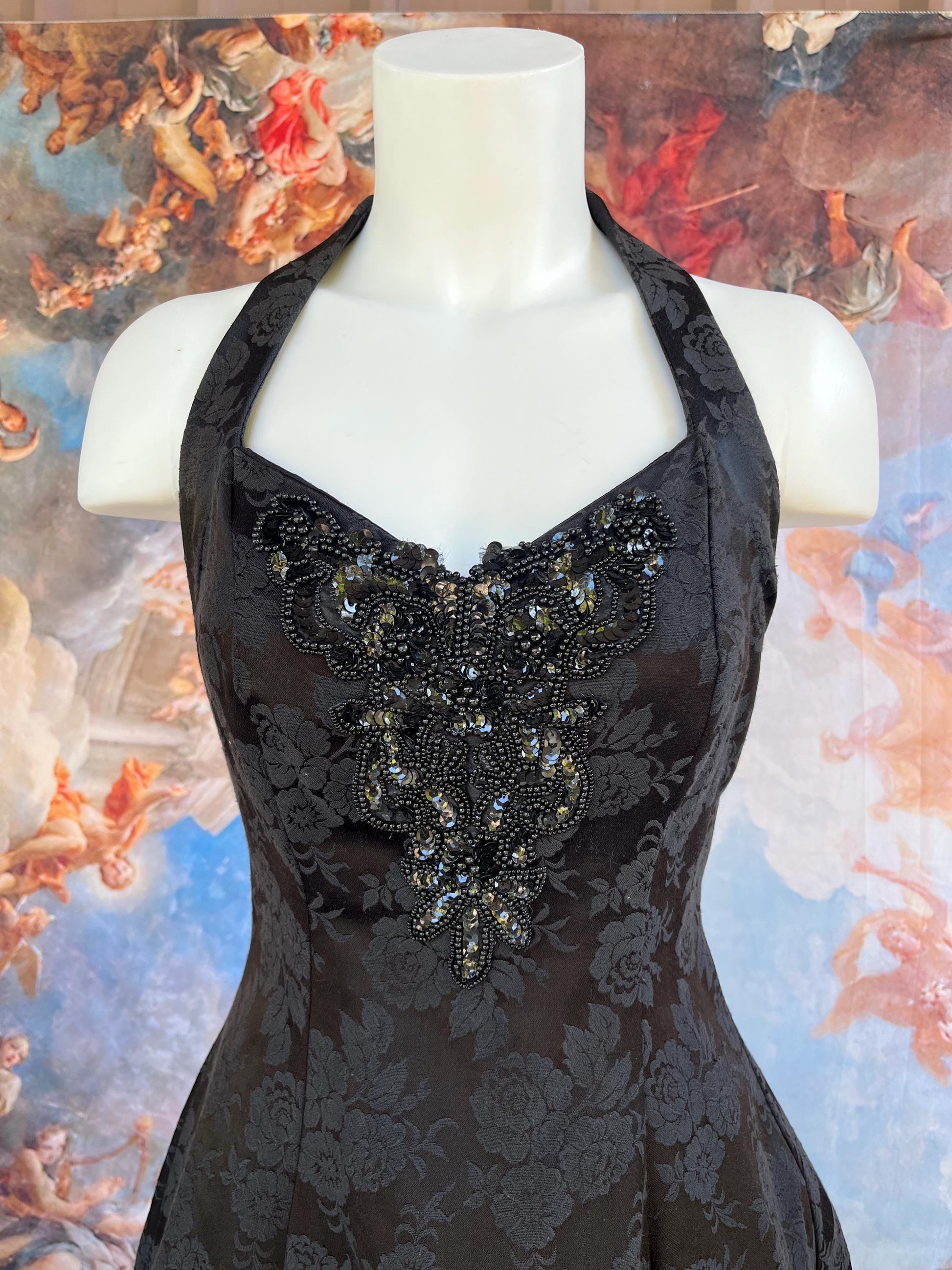 Black Gothic Cocktail Jacquard Halter Dress