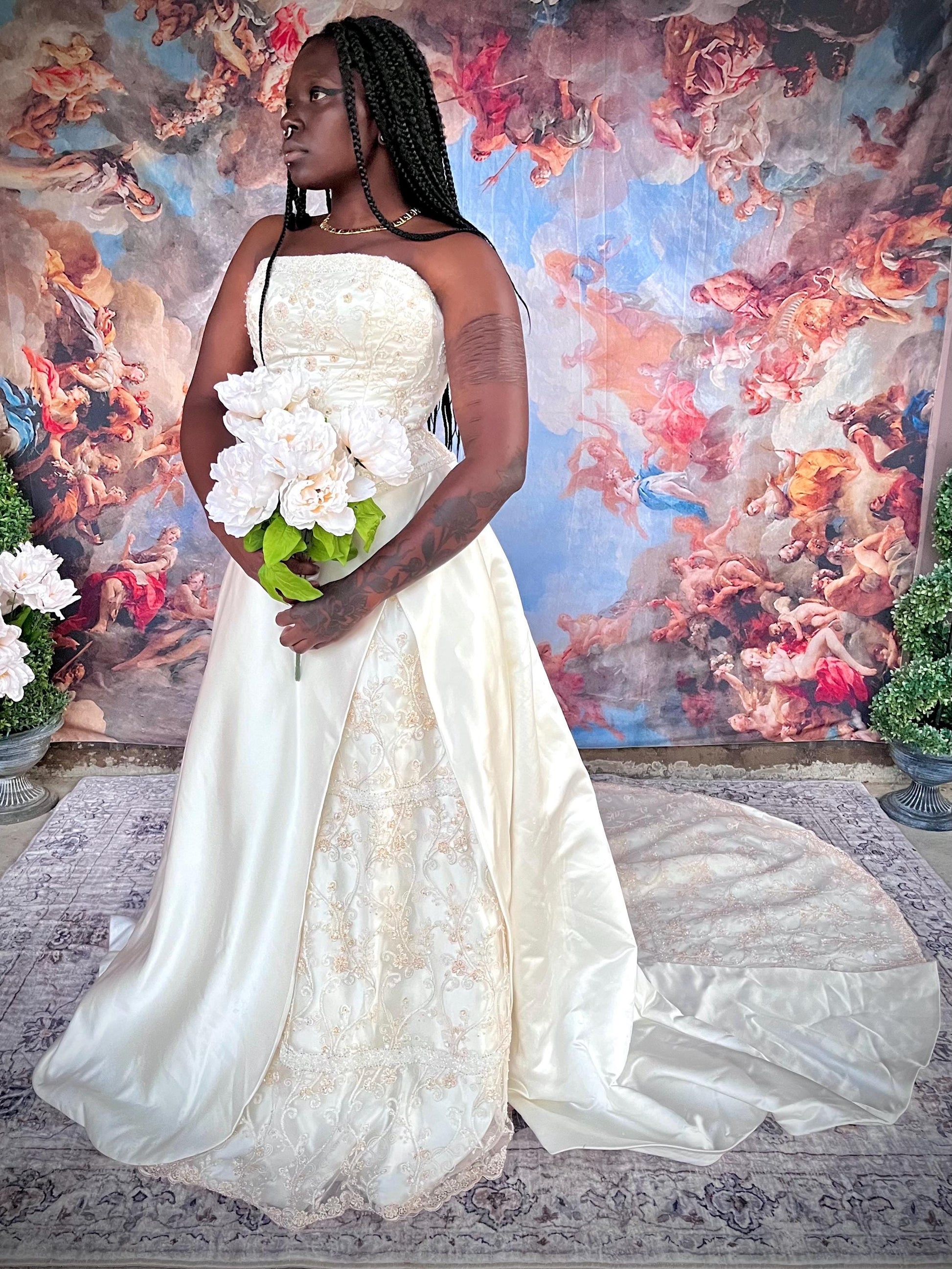 Vintage Crystal Embroidered Strapless Wedding Gown with Chapel Train