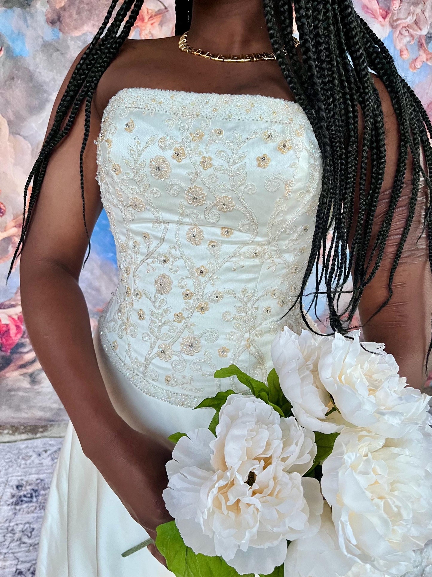 Vintage Crystal Embroidered Strapless Wedding Gown with Chapel Train