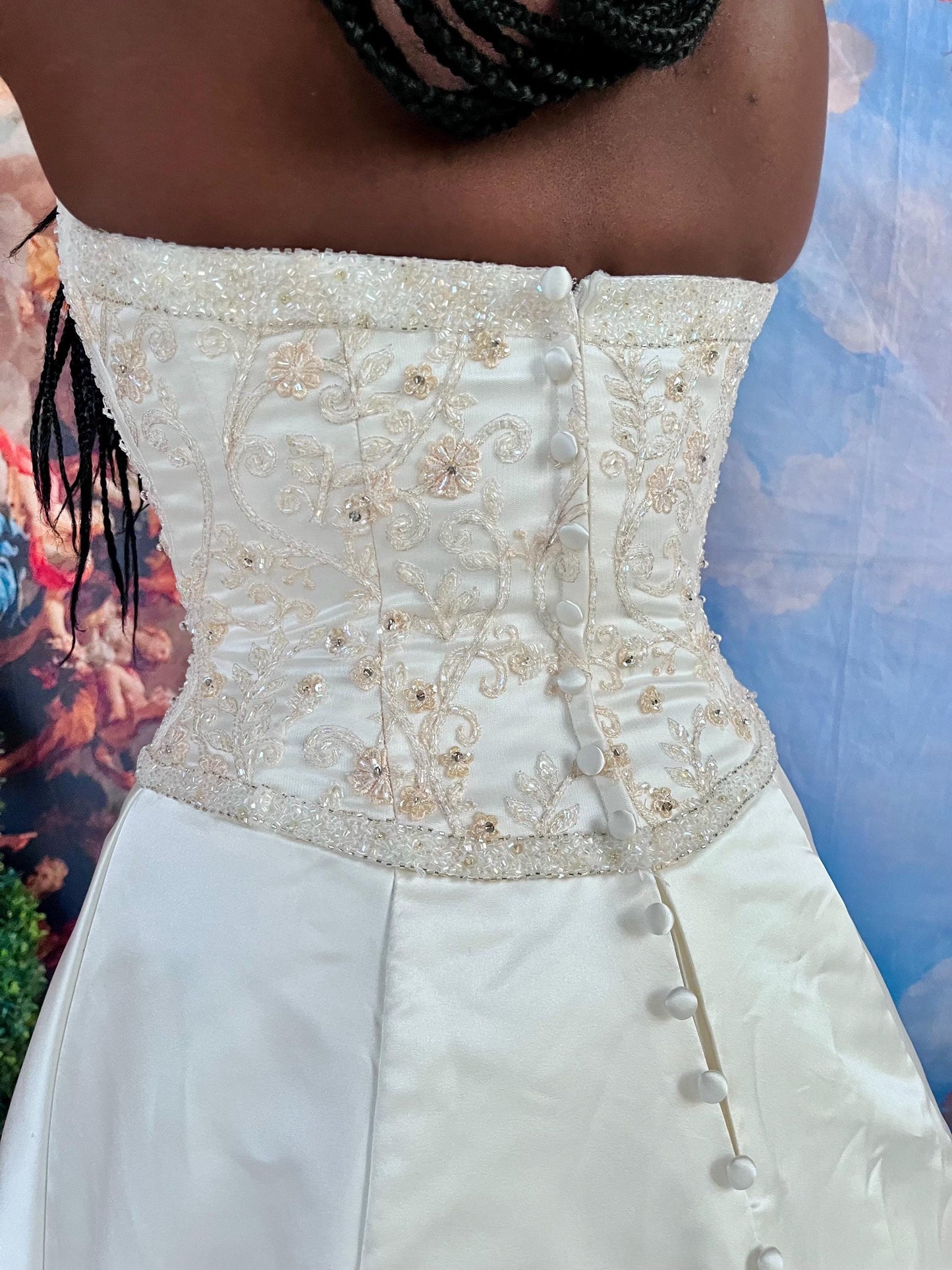 Vintage Crystal Embroidered Strapless Wedding Gown with Chapel Train