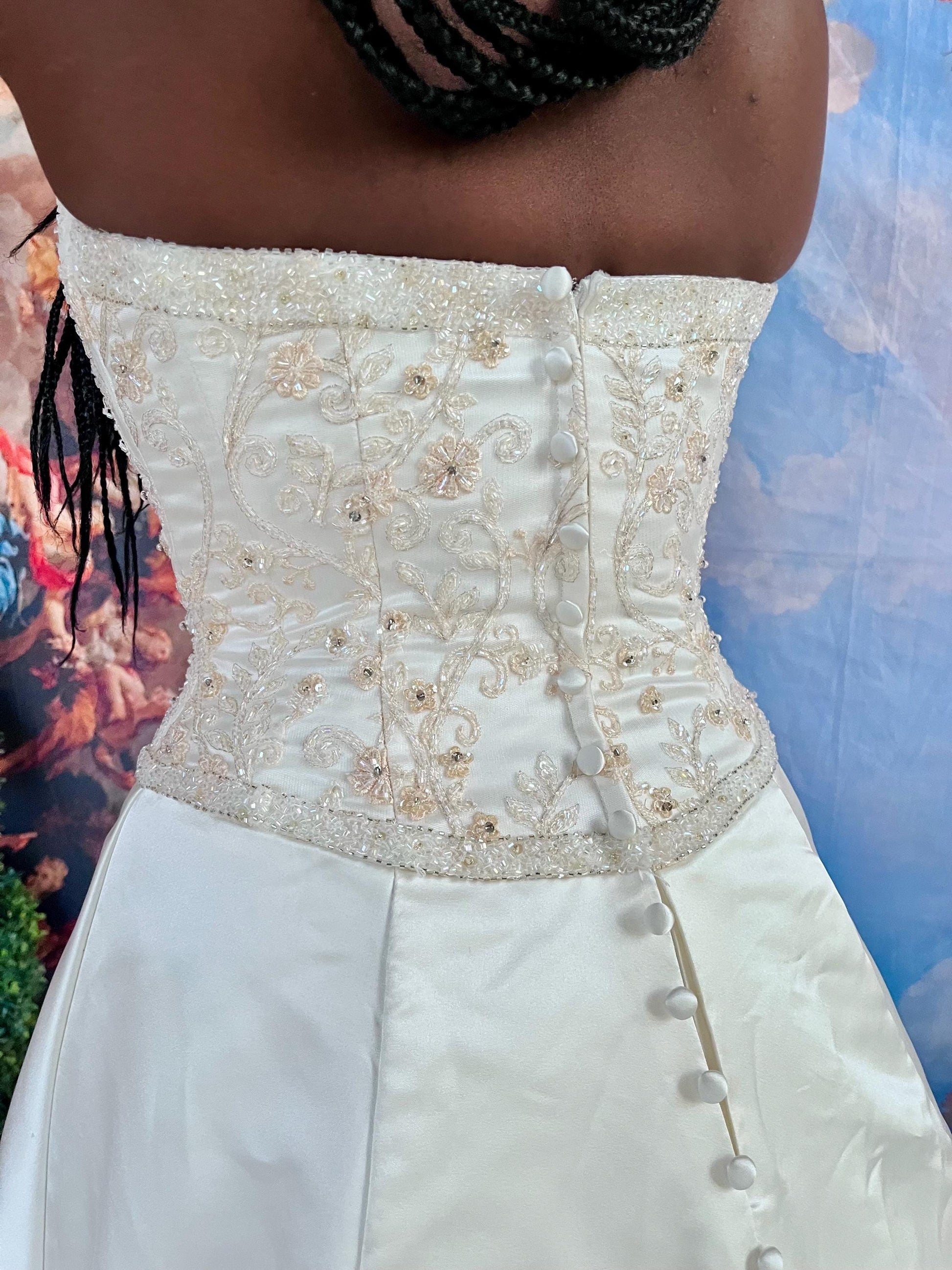 Vintage Crystal Embroidered Strapless Wedding Gown with Chapel Train