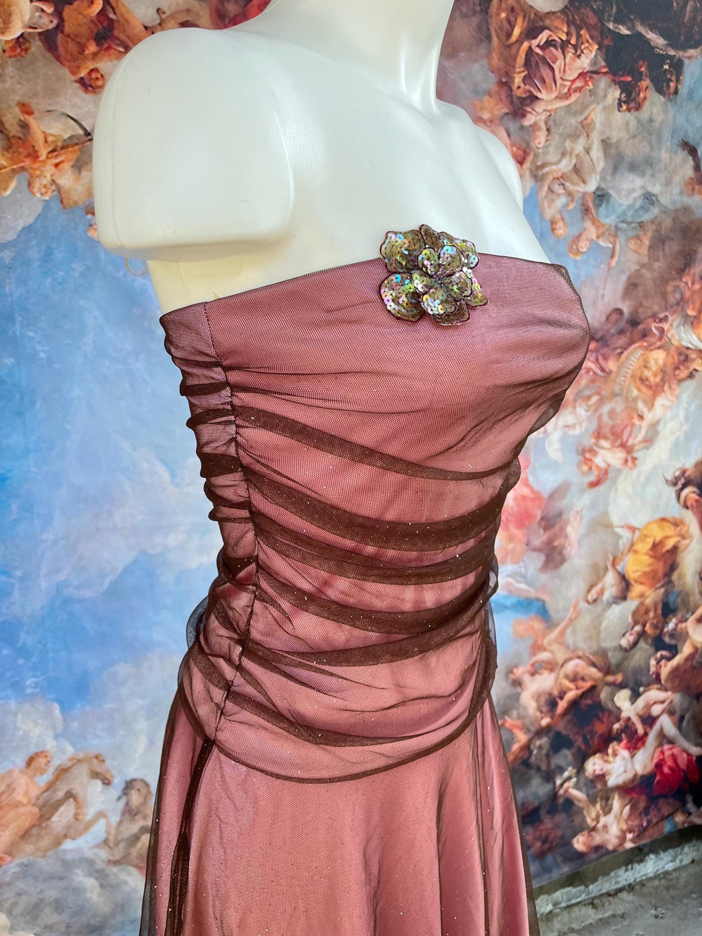 Vintage Strapless Rose Mauve Mesh Party Dress