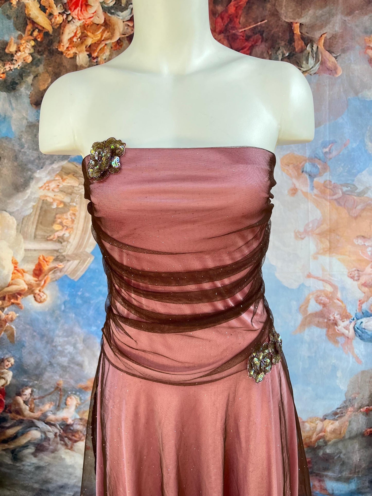 Vintage Strapless Rose Mauve Mesh Party Dress