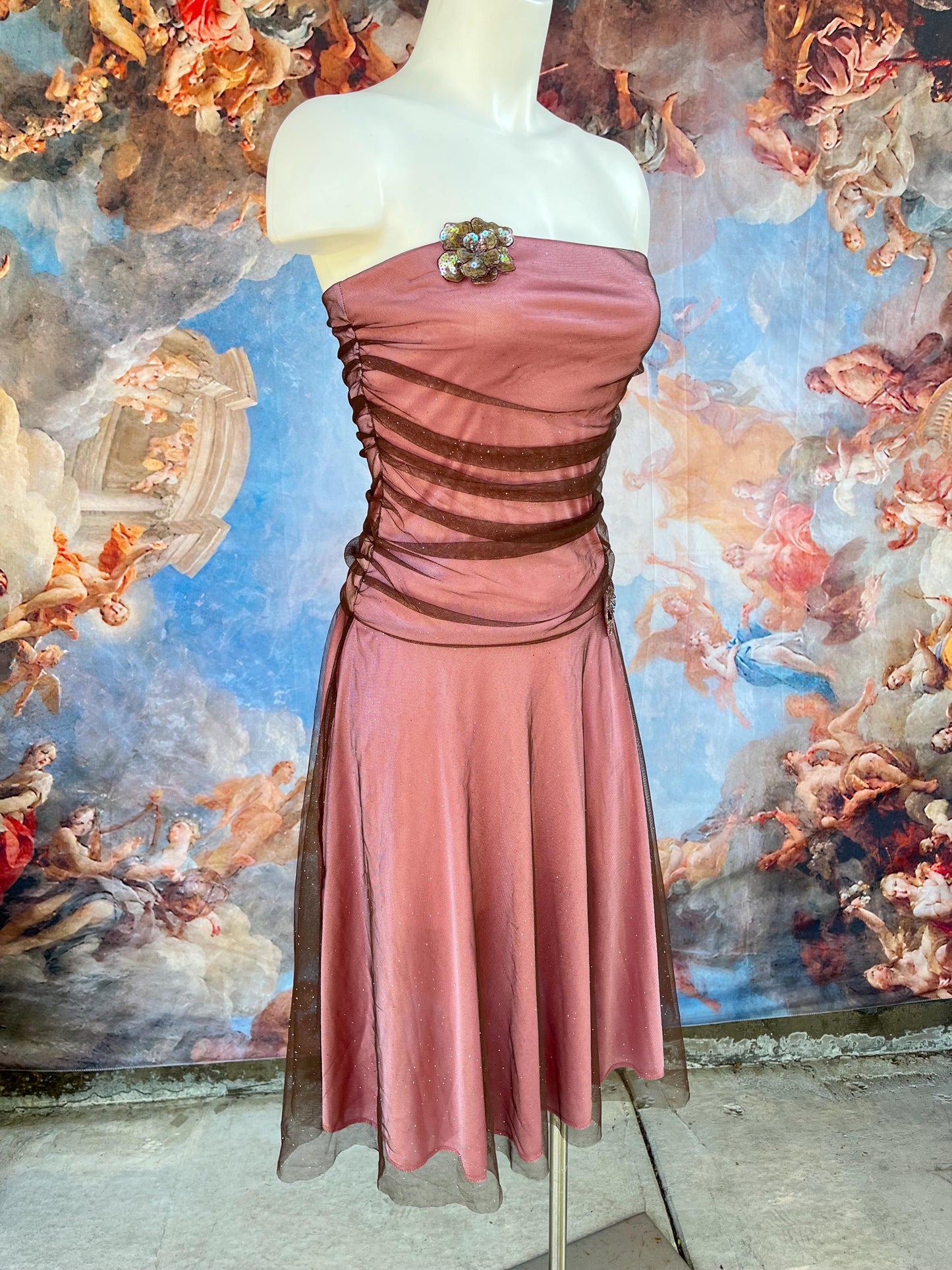 Vintage Strapless Rose Mauve Mesh Party Dress