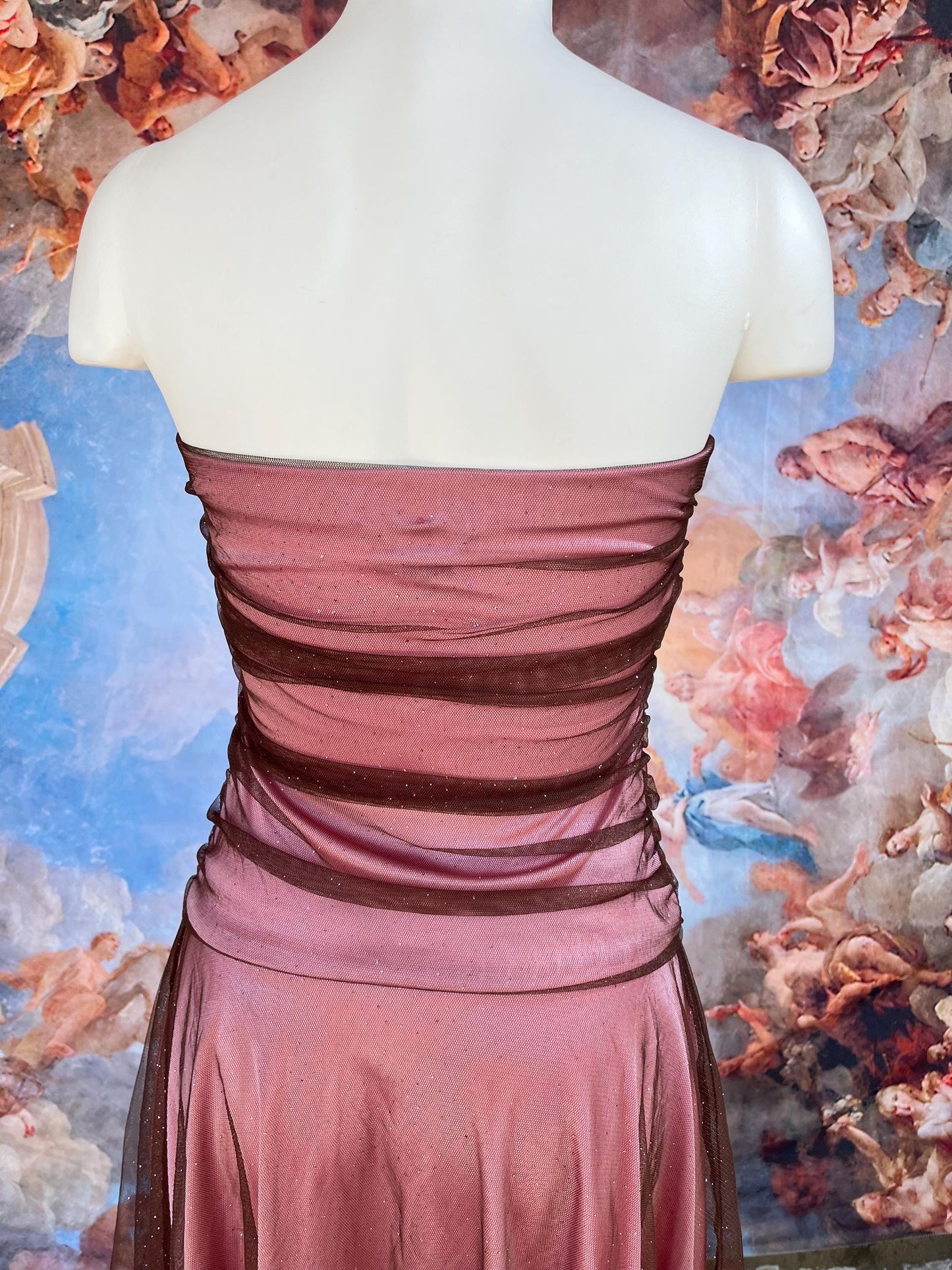 Vintage Strapless Rose Mauve Mesh Party Dress