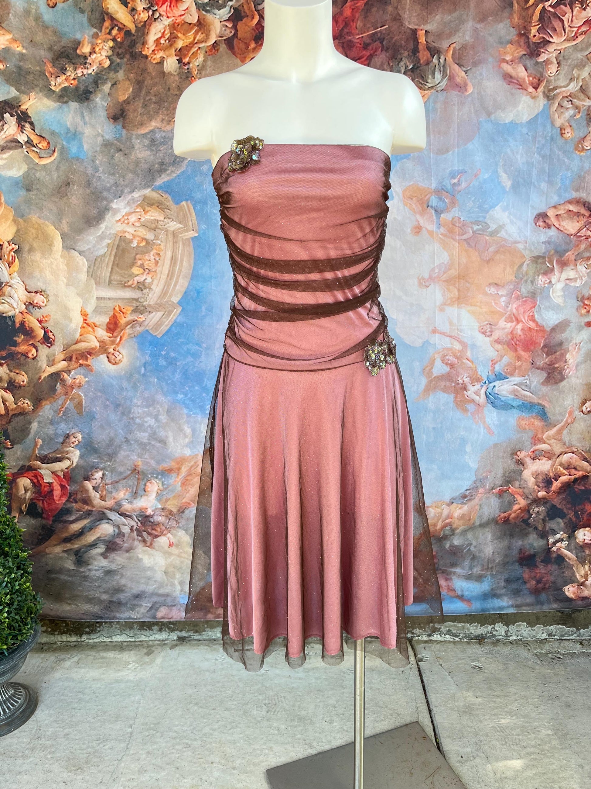 Vintage Strapless Rose Mauve Mesh Party Dress