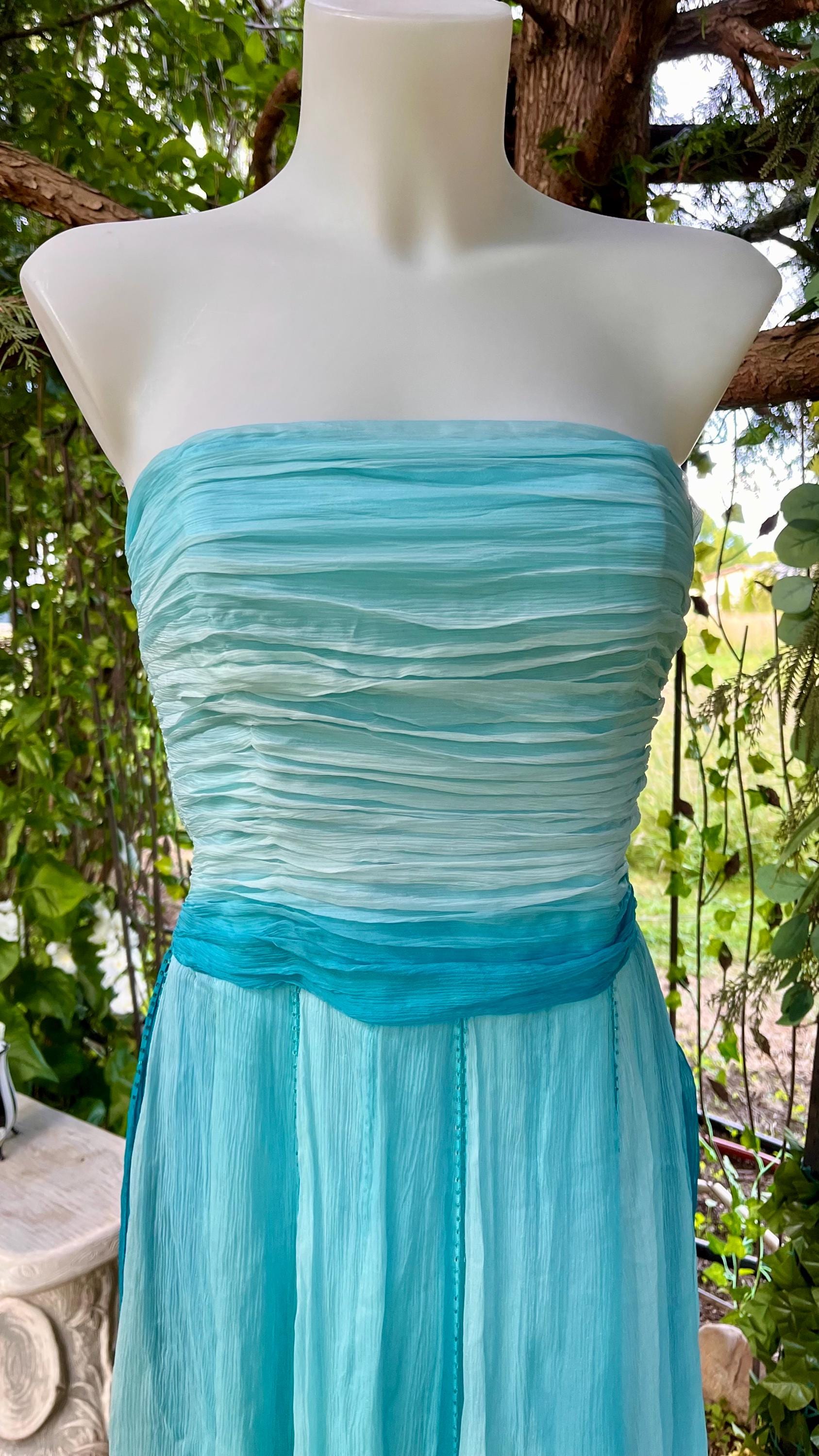 Ocean Sprite Strapless Silk Dress | Vintage Fairycore Cocktail Dress | Light Blue + Teal Ombre Layers
