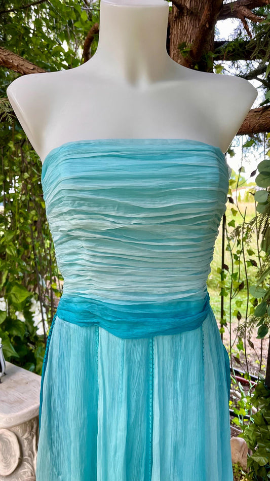 Ocean Sprite Strapless Silk Dress | Vintage Fairycore Cocktail Dress | Light Blue + Teal Ombre Layers