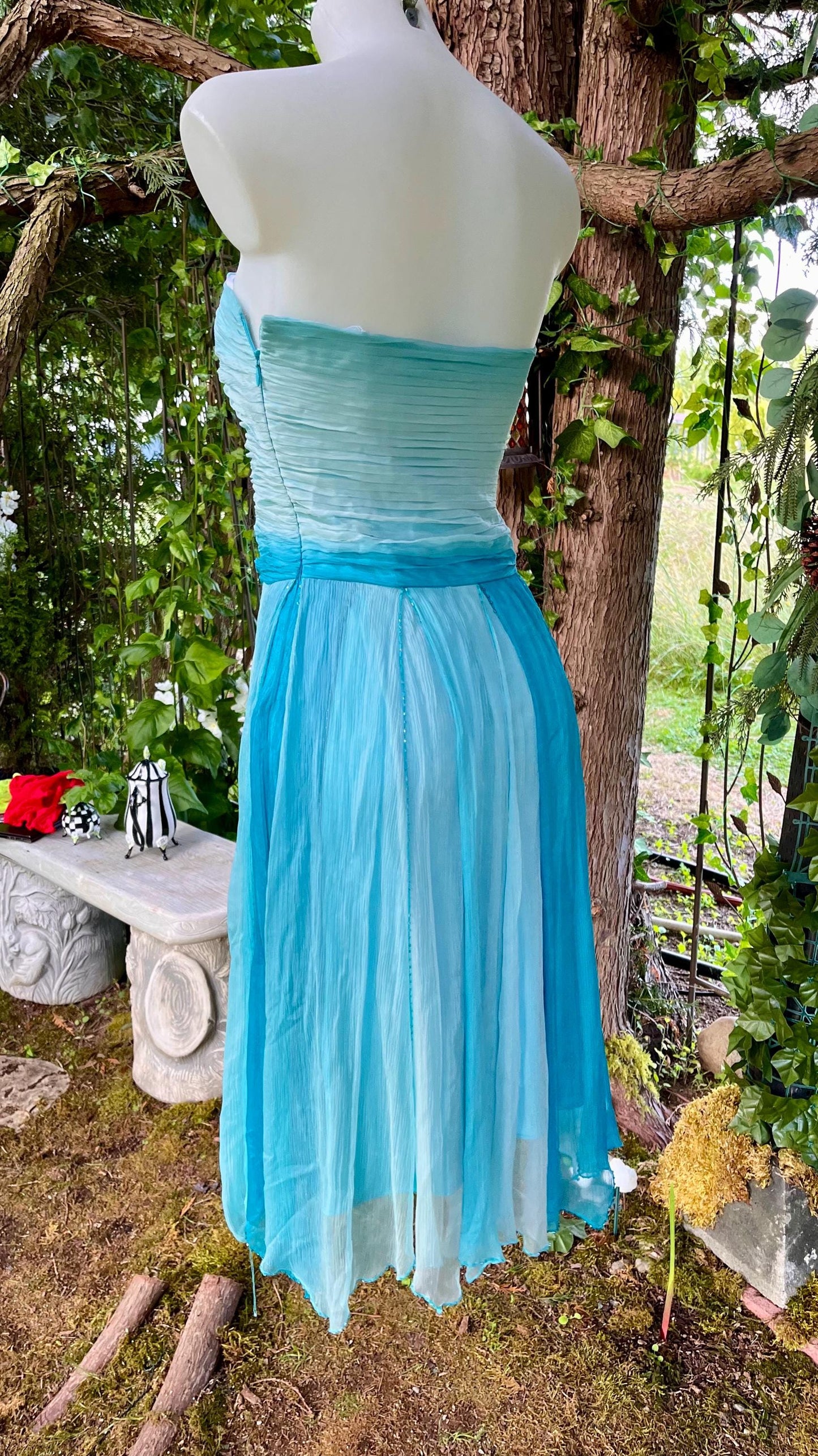 Ocean Sprite Strapless Silk Dress | Vintage Fairycore Cocktail Dress | Light Blue + Teal Ombre Layers