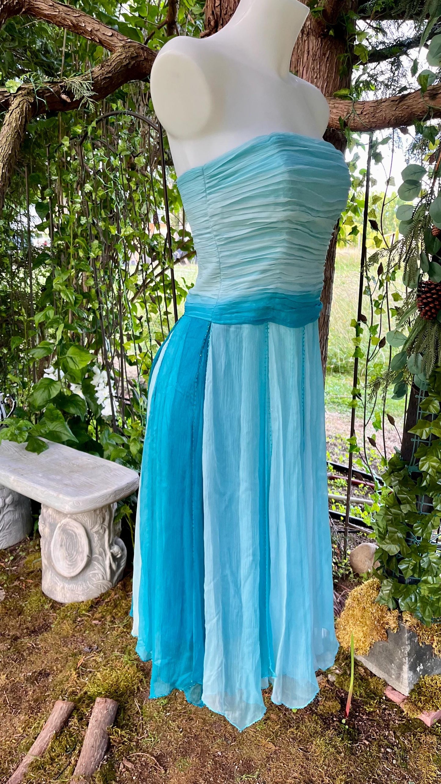 Ocean Sprite Strapless Silk Dress | Vintage Fairycore Cocktail Dress | Light Blue + Teal Ombre Layers