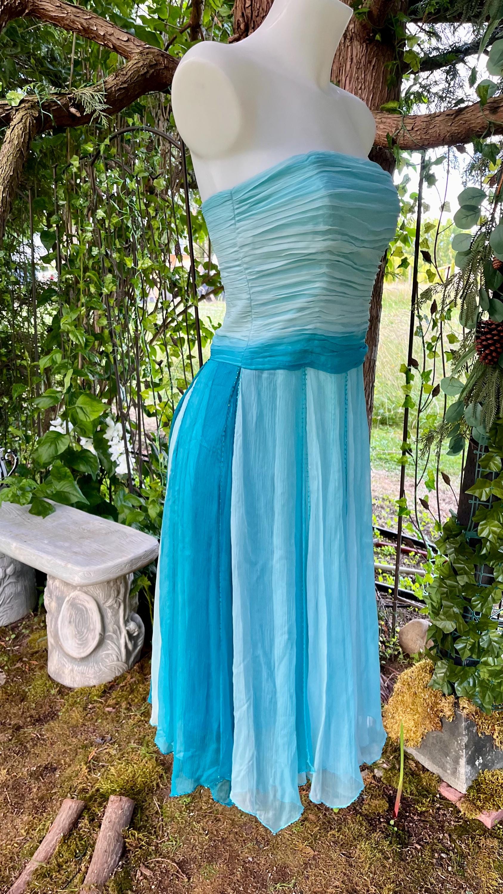 Ocean Sprite Strapless Silk Dress | Vintage Fairycore Cocktail Dress | Light Blue + Teal Ombre Layers