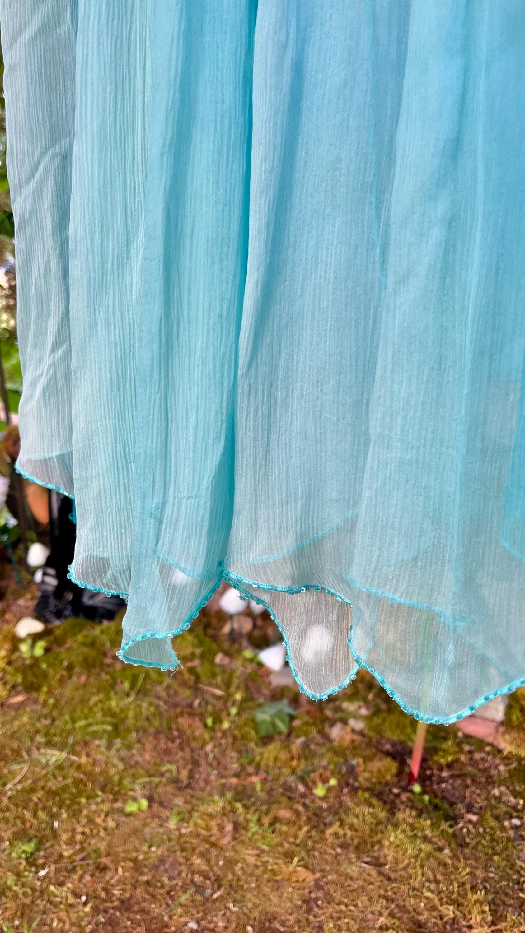 Ocean Sprite Strapless Silk Dress | Vintage Fairycore Cocktail Dress | Light Blue + Teal Ombre Layers