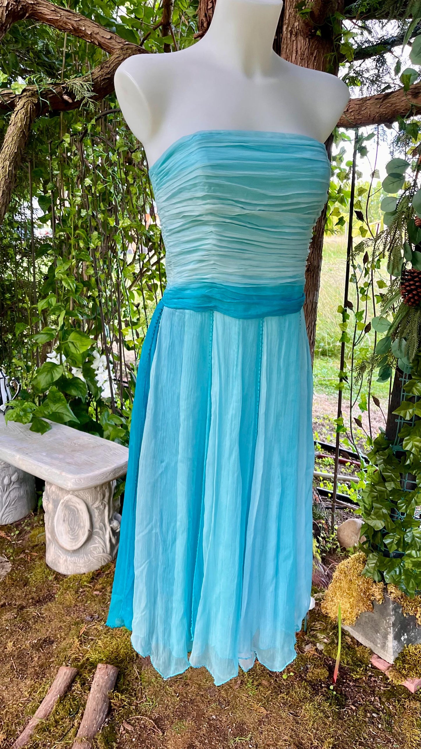 Ocean Sprite Strapless Silk Dress | Vintage Fairycore Cocktail Dress | Light Blue + Teal Ombre Layers