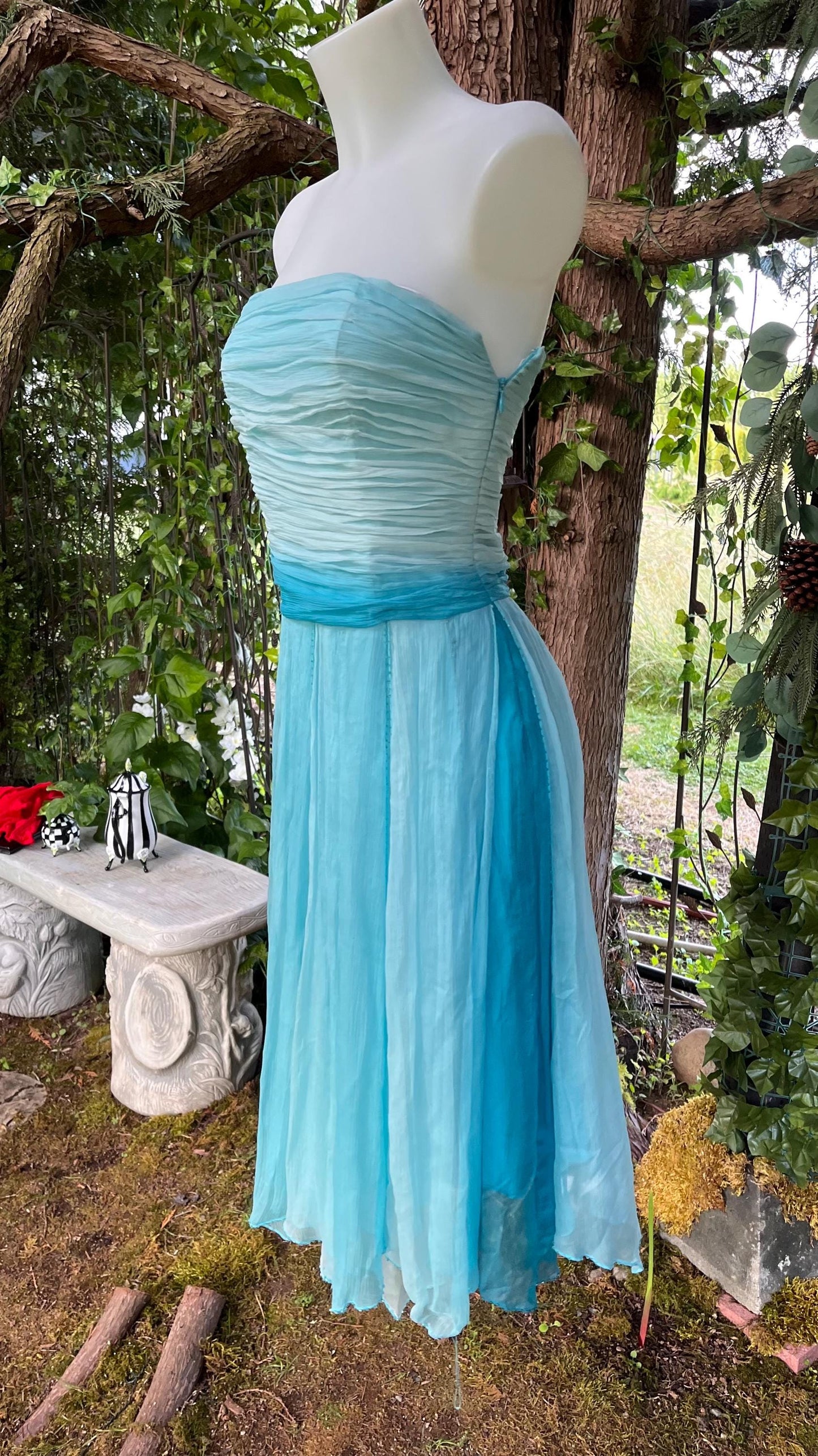 Ocean Sprite Strapless Silk Dress | Vintage Fairycore Cocktail Dress | Light Blue + Teal Ombre Layers