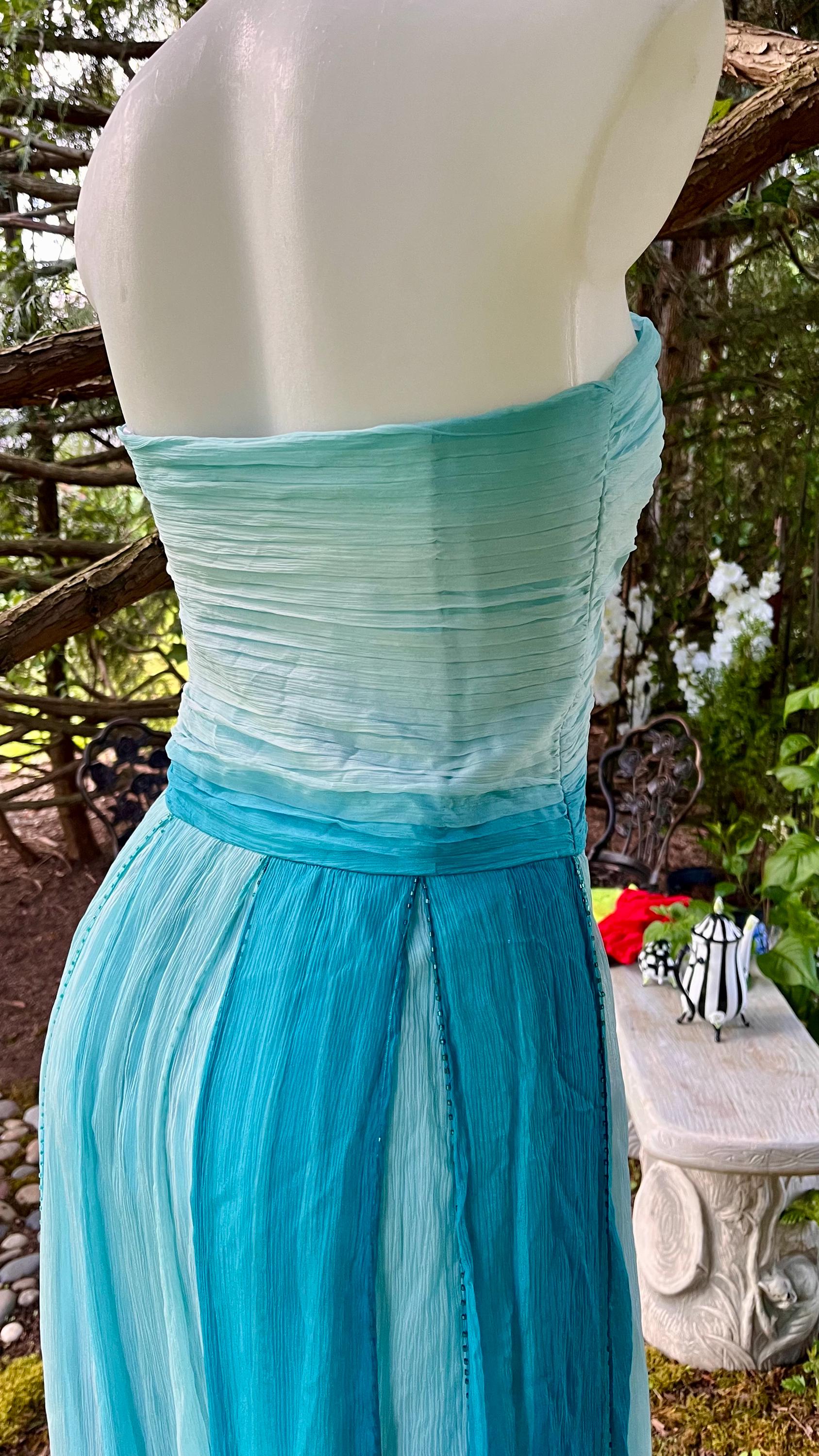 Ocean Sprite Strapless Silk Dress | Vintage Fairycore Cocktail Dress | Light Blue + Teal Ombre Layers