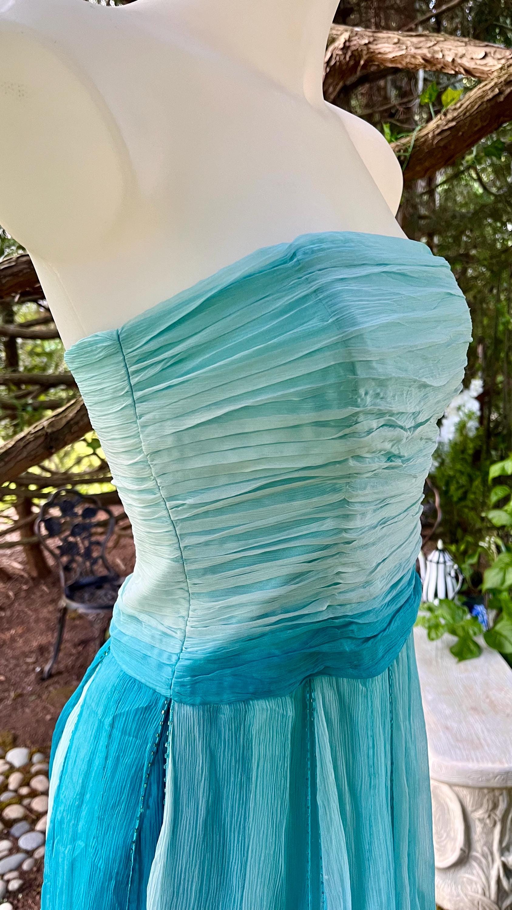 Ocean Sprite Strapless Silk Dress | Vintage Fairycore Cocktail Dress | Light Blue + Teal Ombre Layers