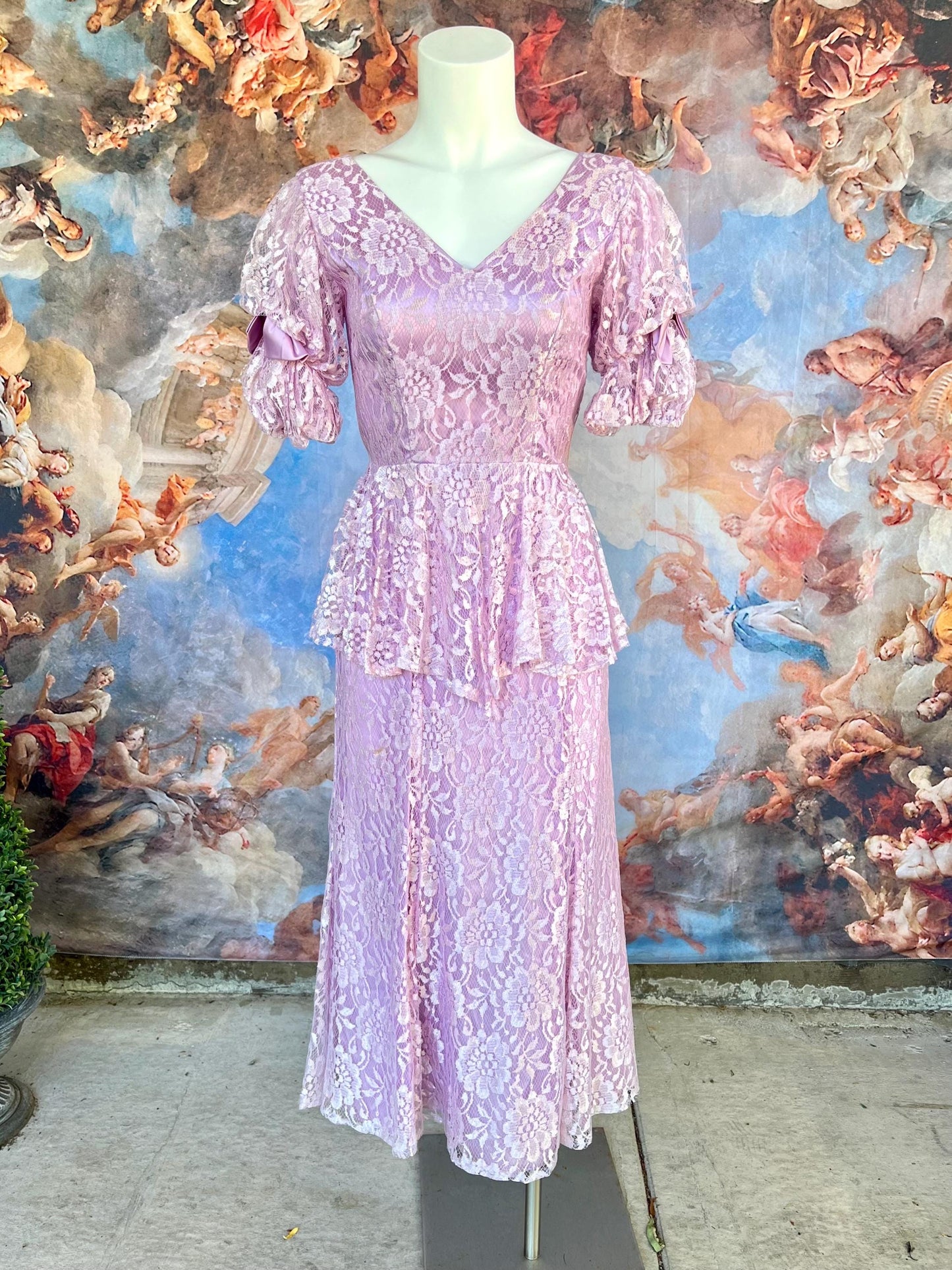 Vintage Lilac Lace Peplum Dress | 80s Romantic Cottagecore Dream