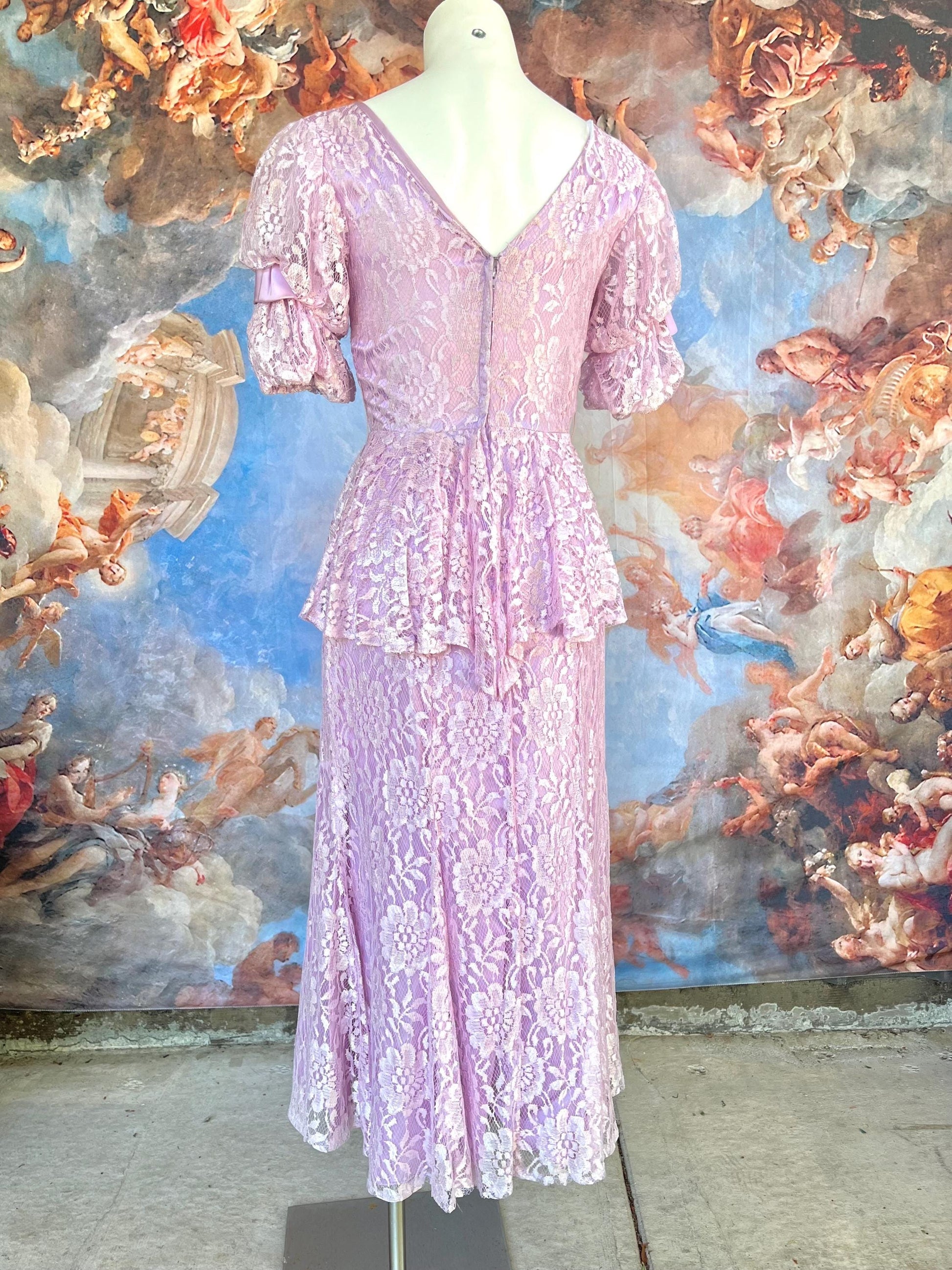 Vintage Lilac Lace Peplum Dress | 80s Romantic Cottagecore Dream