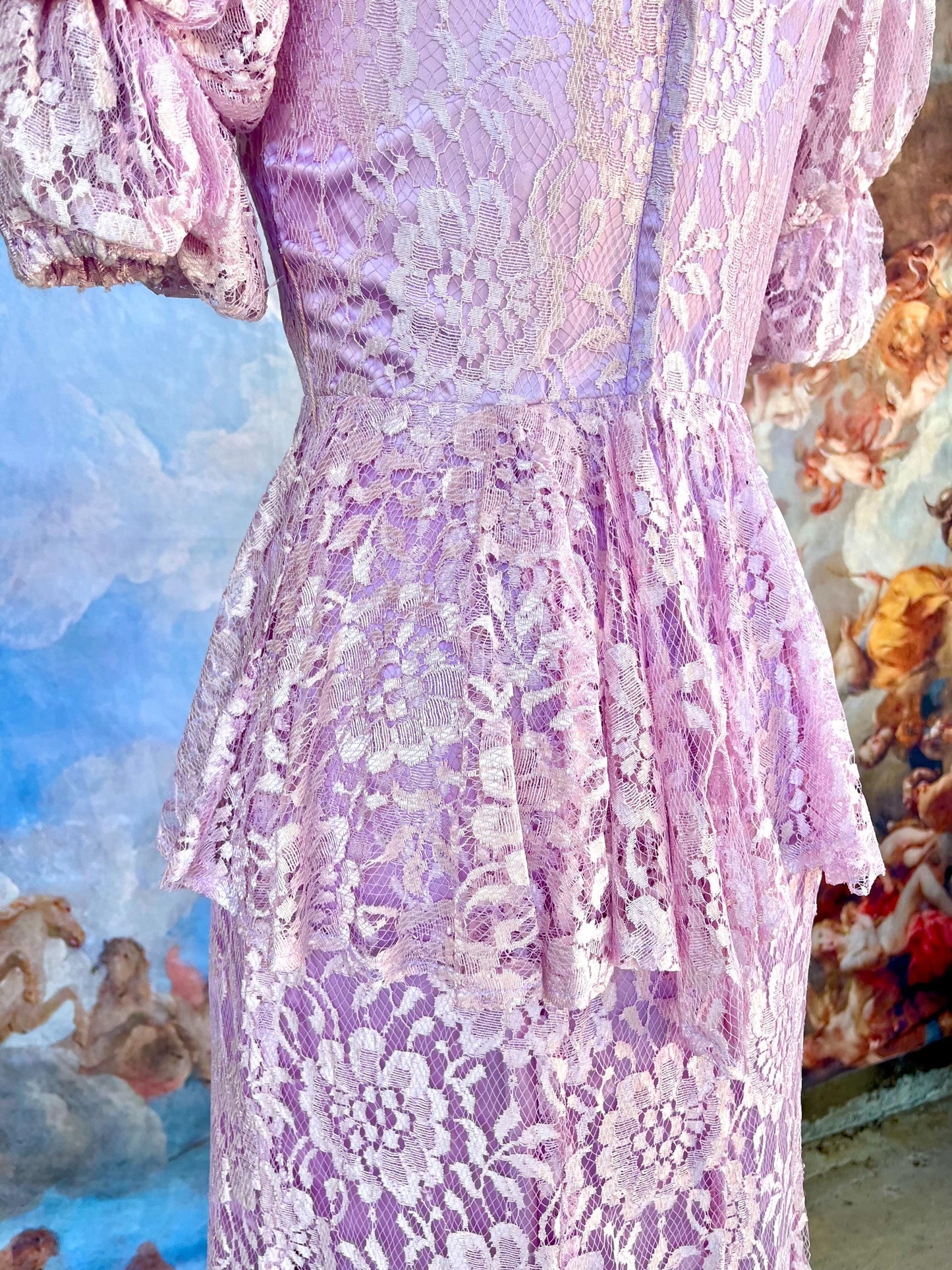 Vintage Lilac Lace Peplum Dress | 80s Romantic Cottagecore Dream