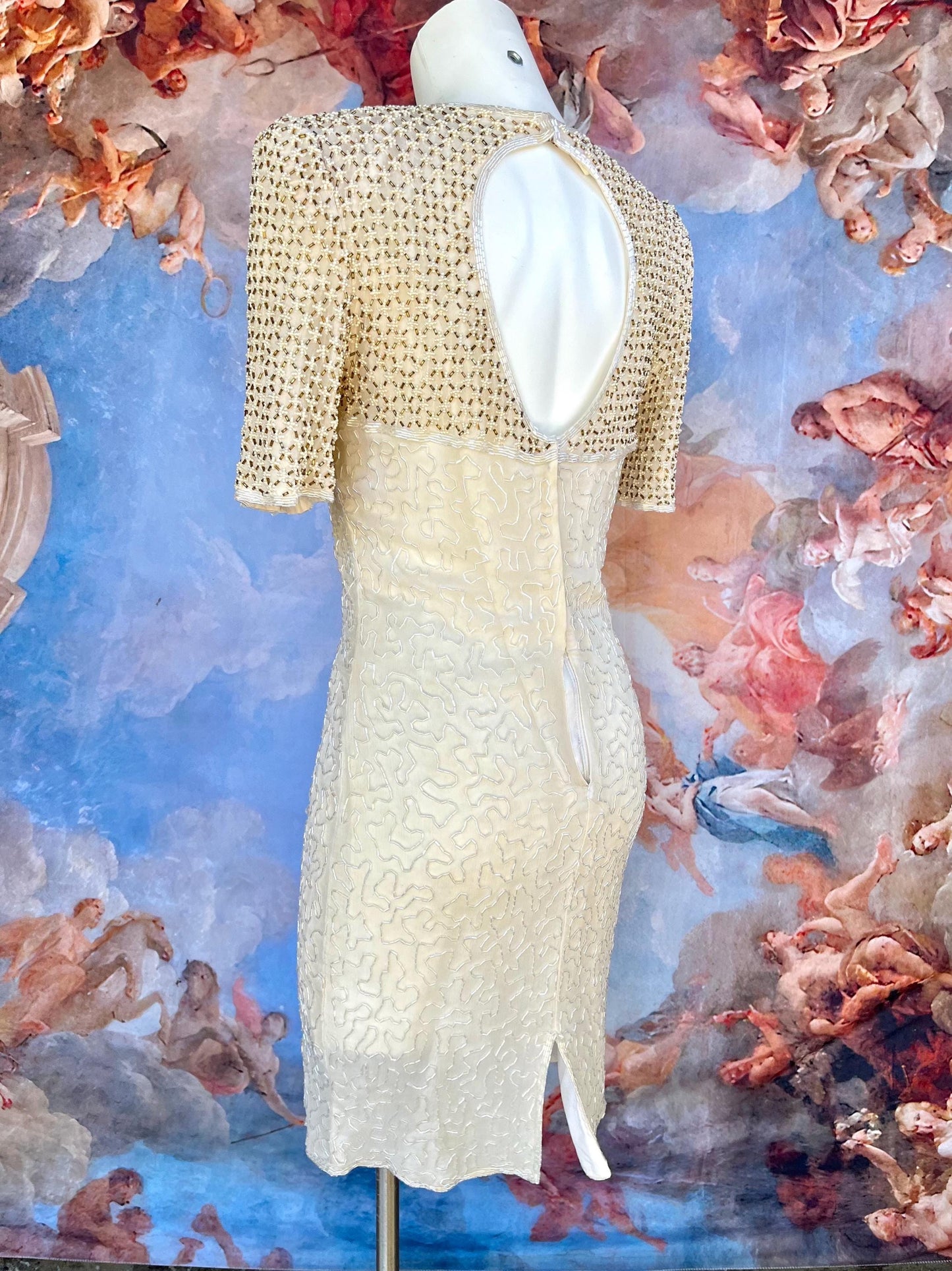 Vintage 100% Silk Hand-Beaded Gown – Champagne Gold & Pearl