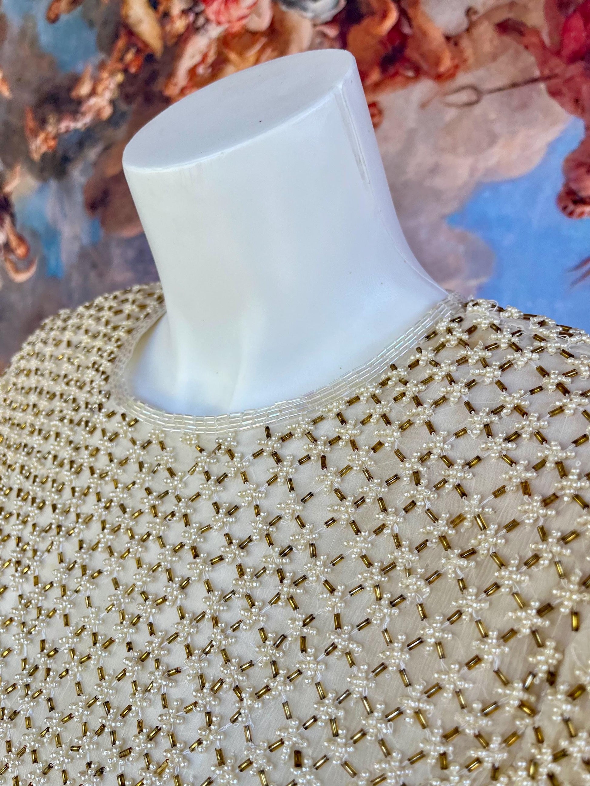 Vintage 100% Silk Hand-Beaded Gown – Champagne Gold & Pearl