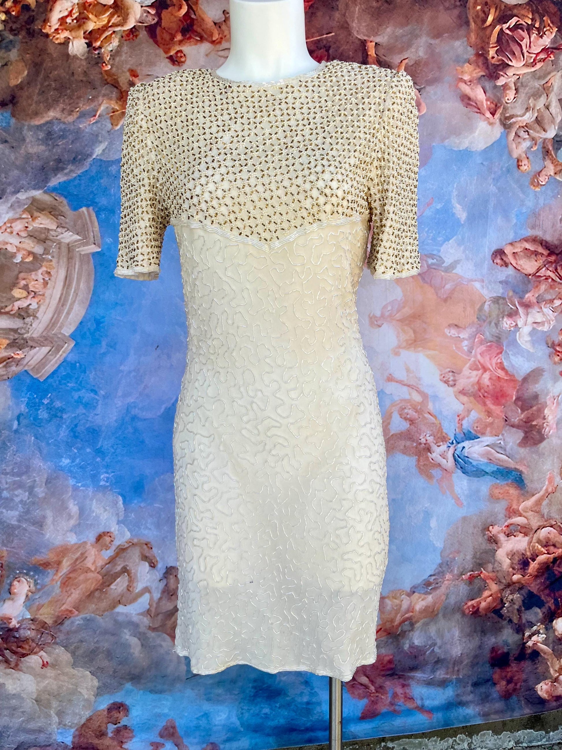 Vintage 100% Silk Hand-Beaded Gown – Champagne Gold & Pearl
