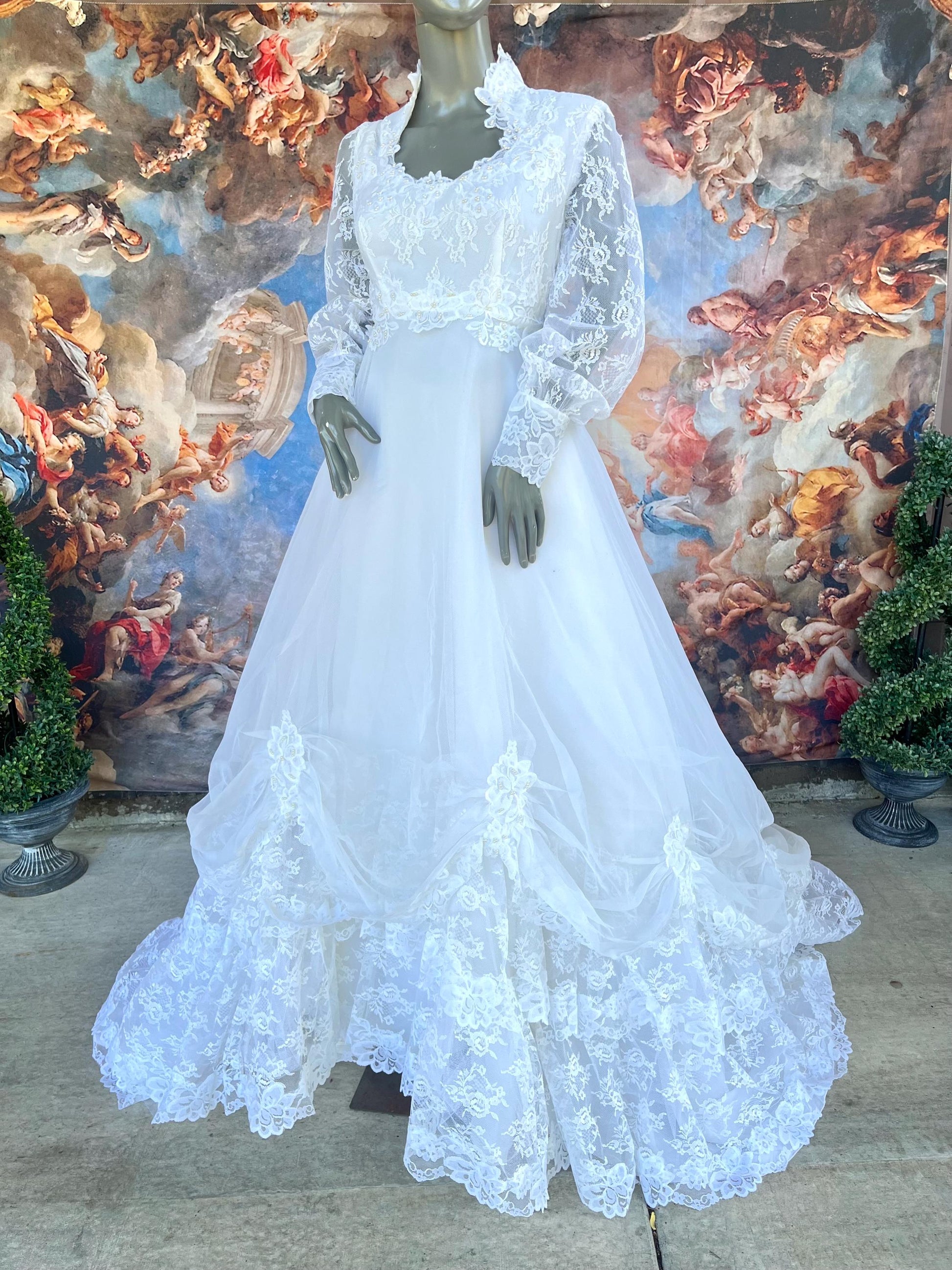 Vintage Wedding Gown With Queen Anne High Neckline, Pearls & Lace