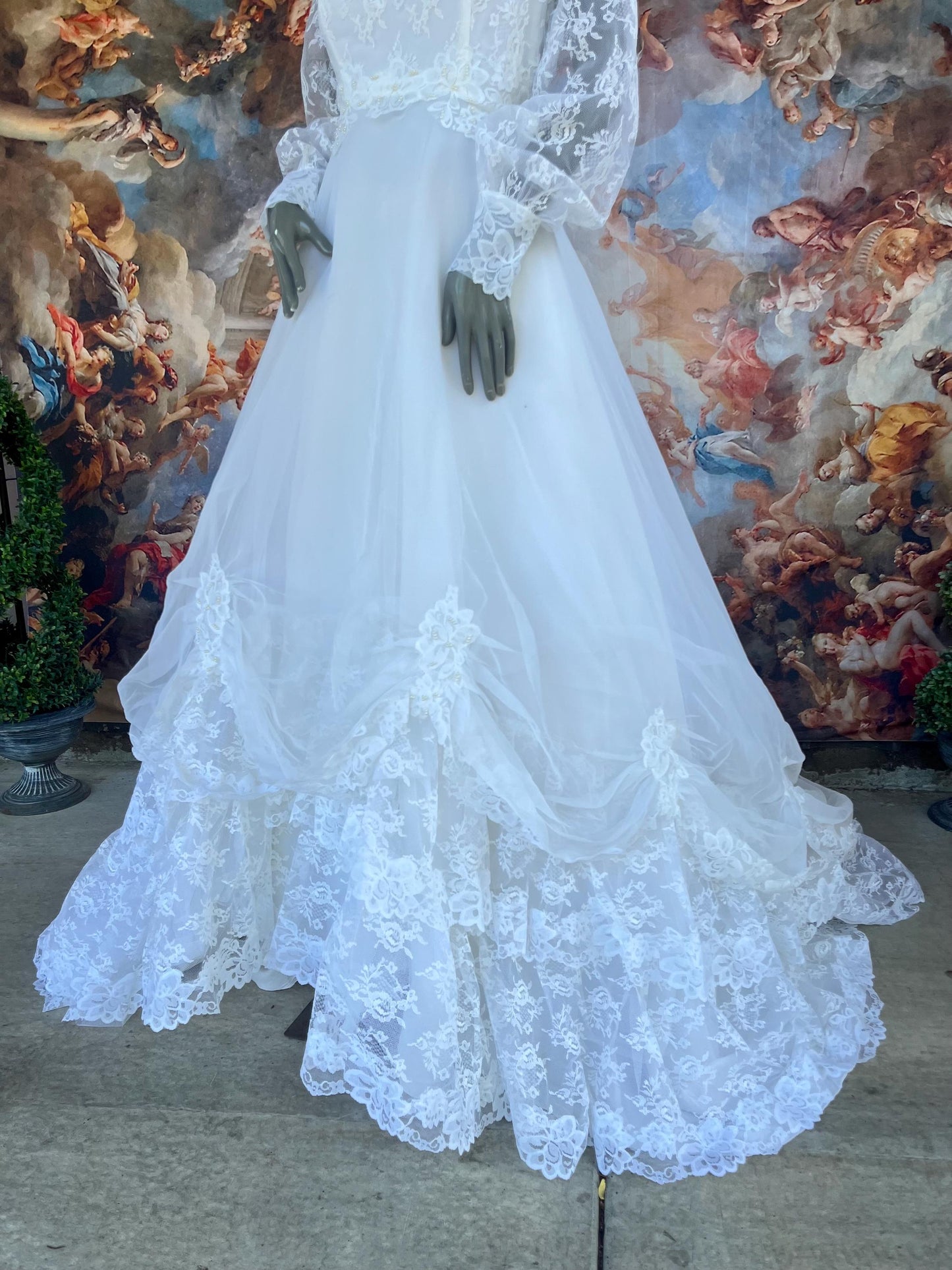 Vintage Wedding Gown With Queen Anne High Neckline, Pearls & Lace