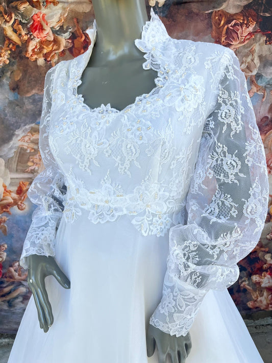 Vintage Wedding Gown With Queen Anne High Neckline, Pearls & Lace