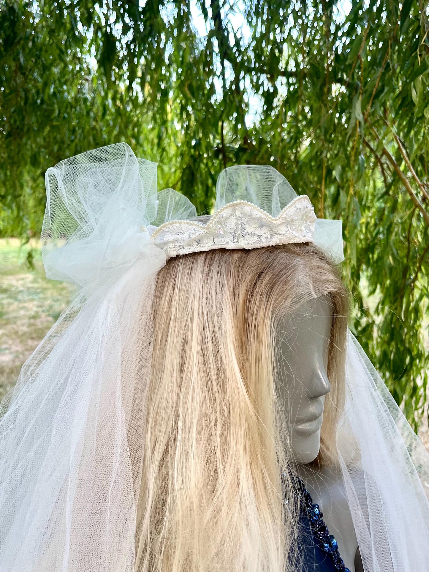 Lace Crown With Pearls and Long Veil