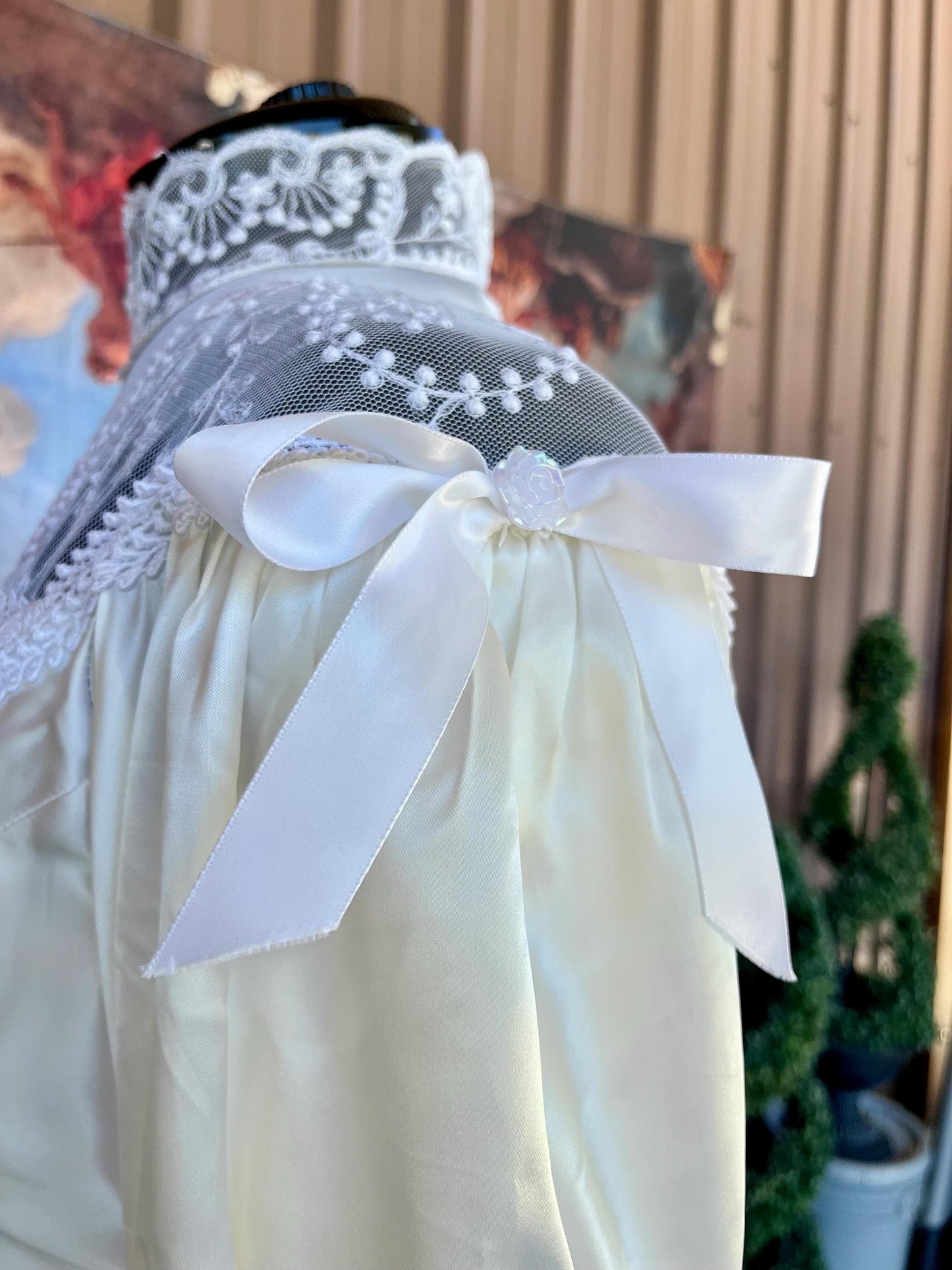 Vintage 1980s Lace & Satin Puff Sleeve Wedding Dress | Victorian High Neck | Tiered Ruffle Train