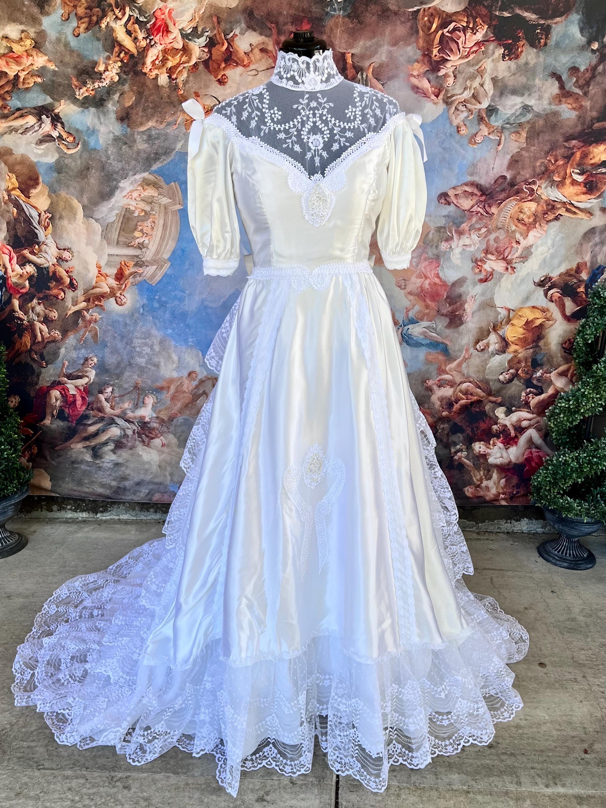 Vintage 1980s Lace & Satin Puff Sleeve Wedding Dress | Victorian High Neck | Tiered Ruffle Train