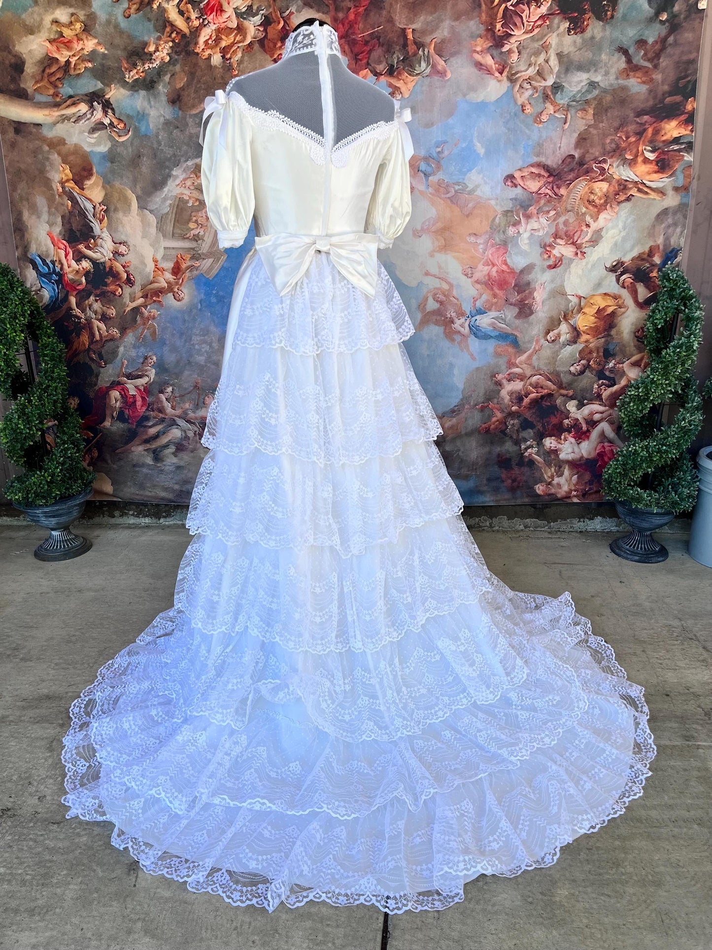 Vintage 1980s Lace & Satin Puff Sleeve Wedding Dress | Victorian High Neck | Tiered Ruffle Train