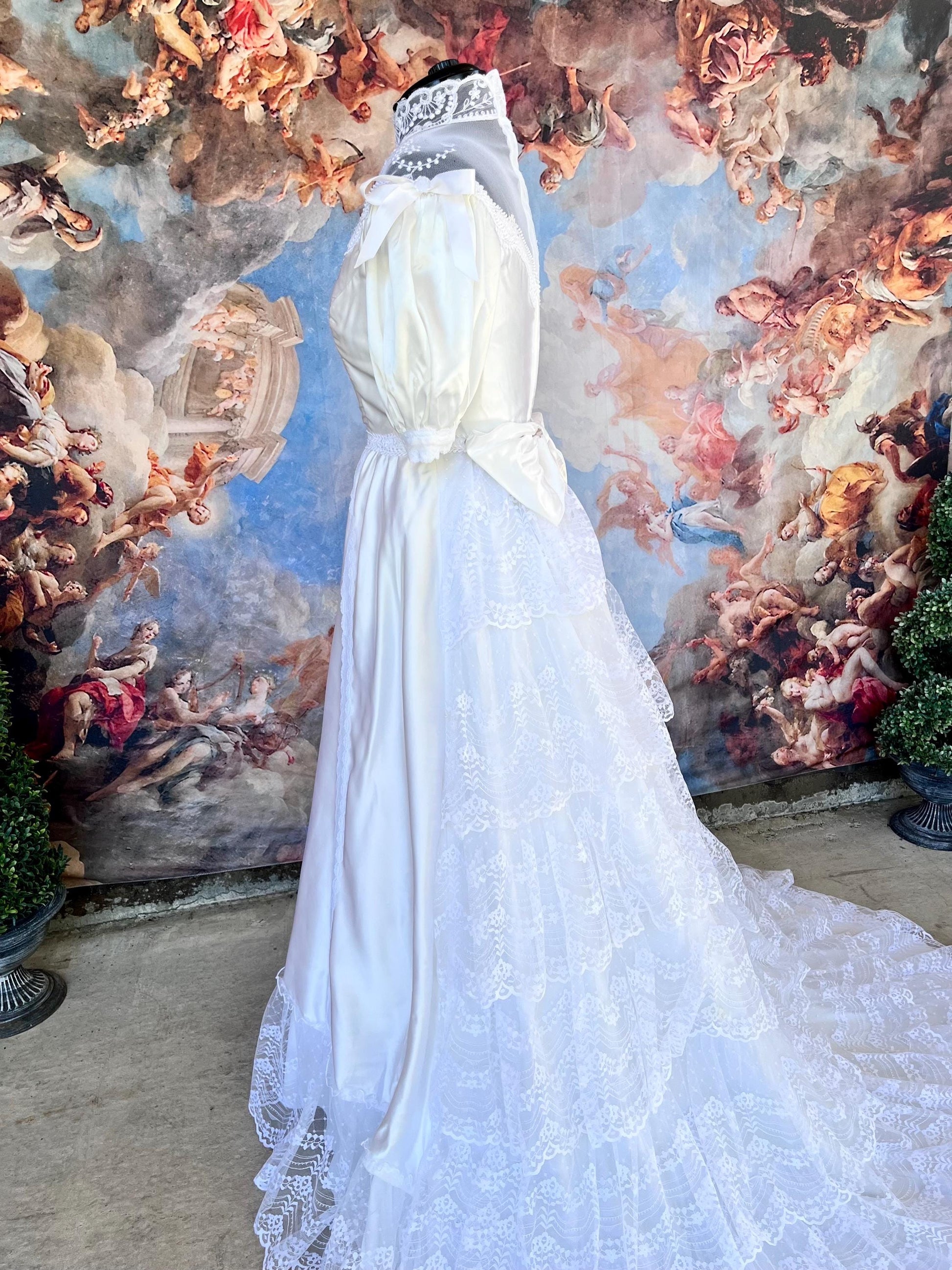 Vintage 1980s Lace & Satin Puff Sleeve Wedding Dress | Victorian High Neck | Tiered Ruffle Train