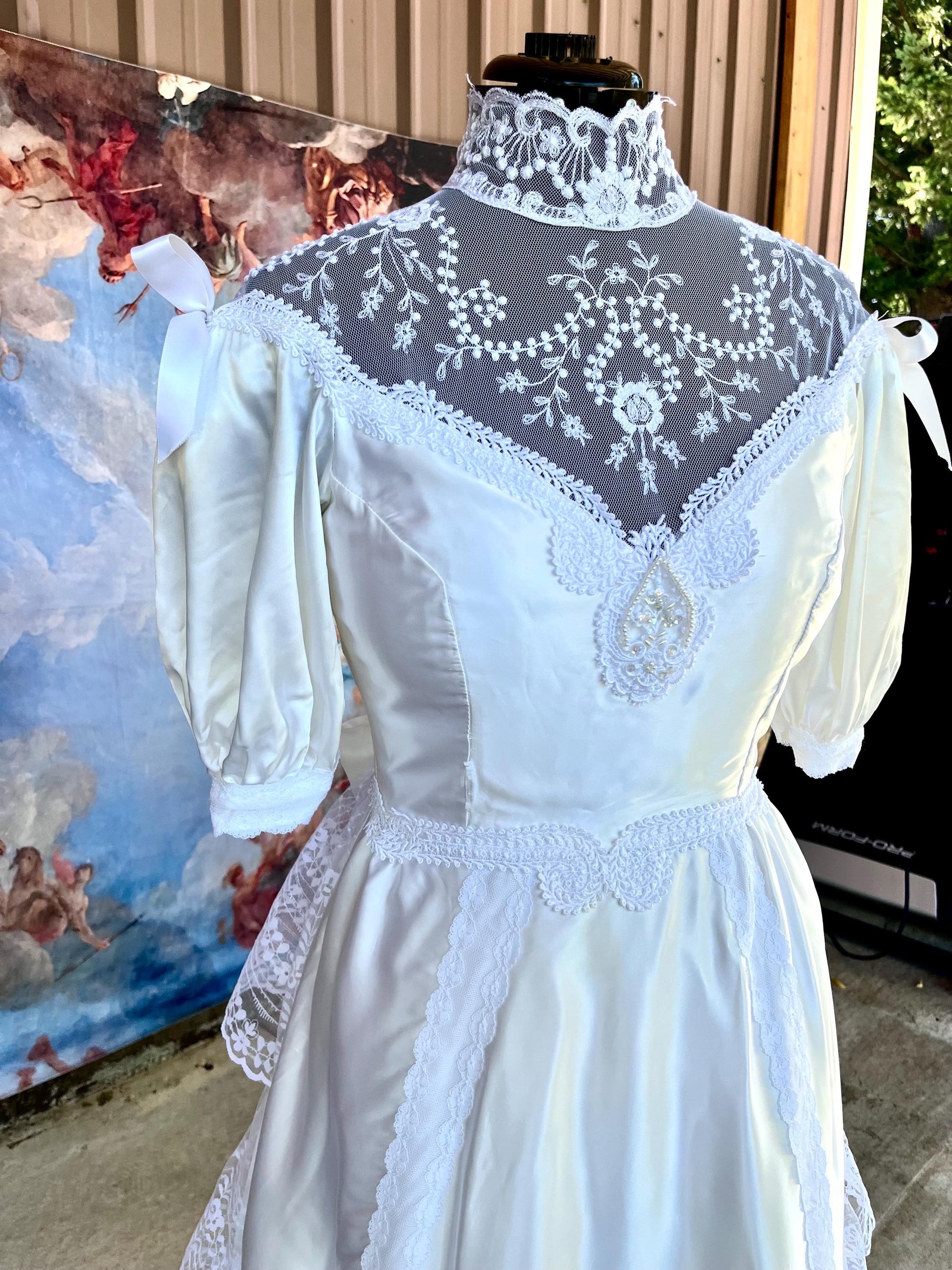Vintage 1980s Lace & Satin Puff Sleeve Wedding Dress | Victorian High Neck | Tiered Ruffle Train