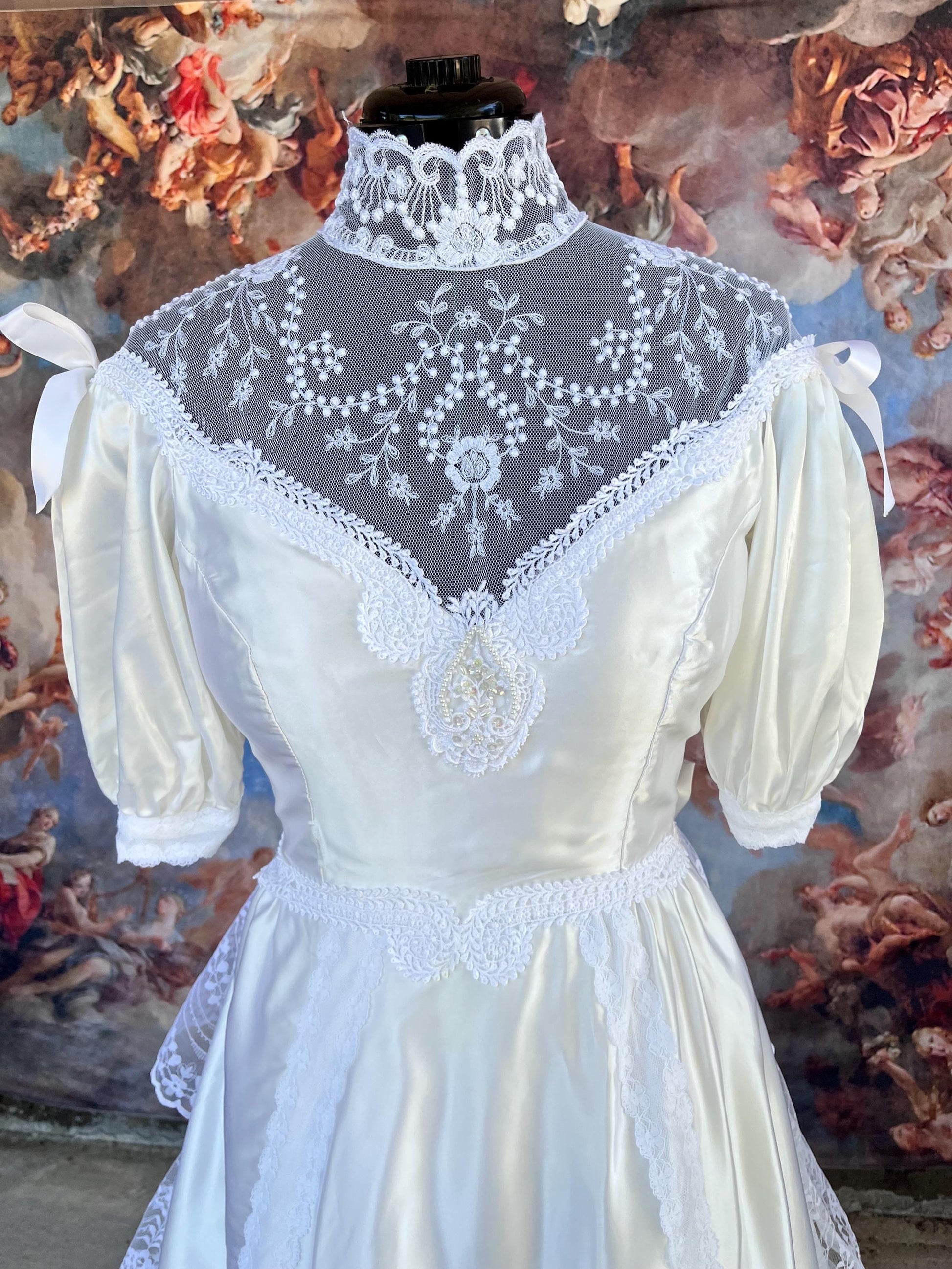 Vintage 1980s Lace & Satin Puff Sleeve Wedding Dress | Victorian High Neck | Tiered Ruffle Train