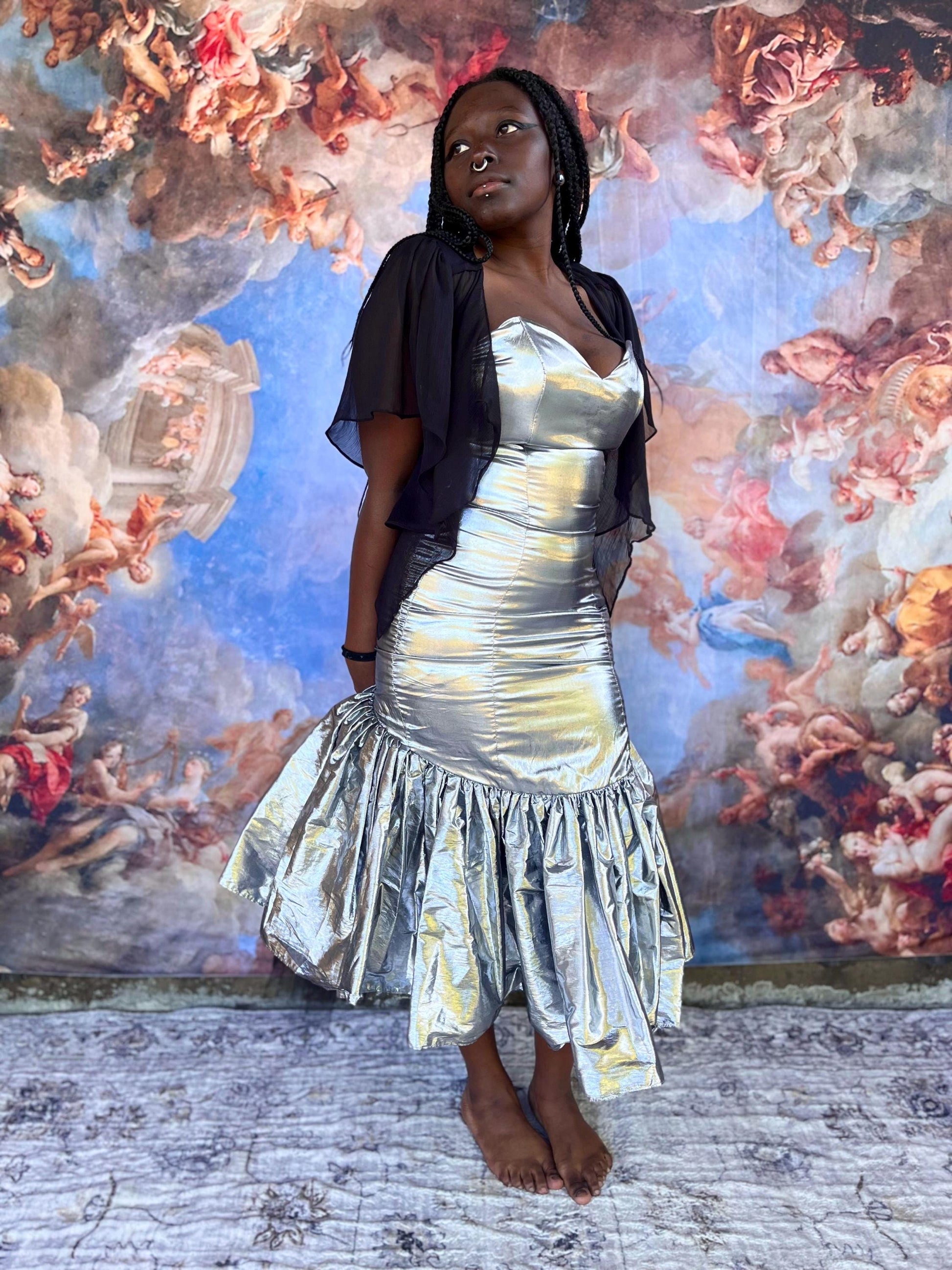 Lunar Siren Metallic Strapless Dress with Black Tulle Back Detail